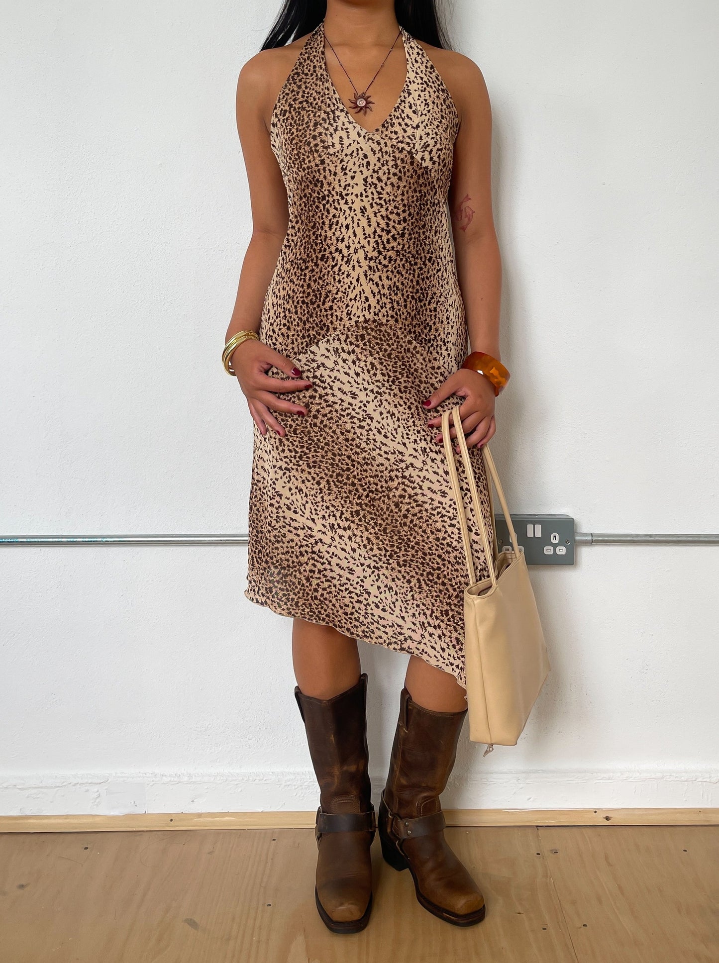 Vintage Leopard Print Halter Midi Dress
