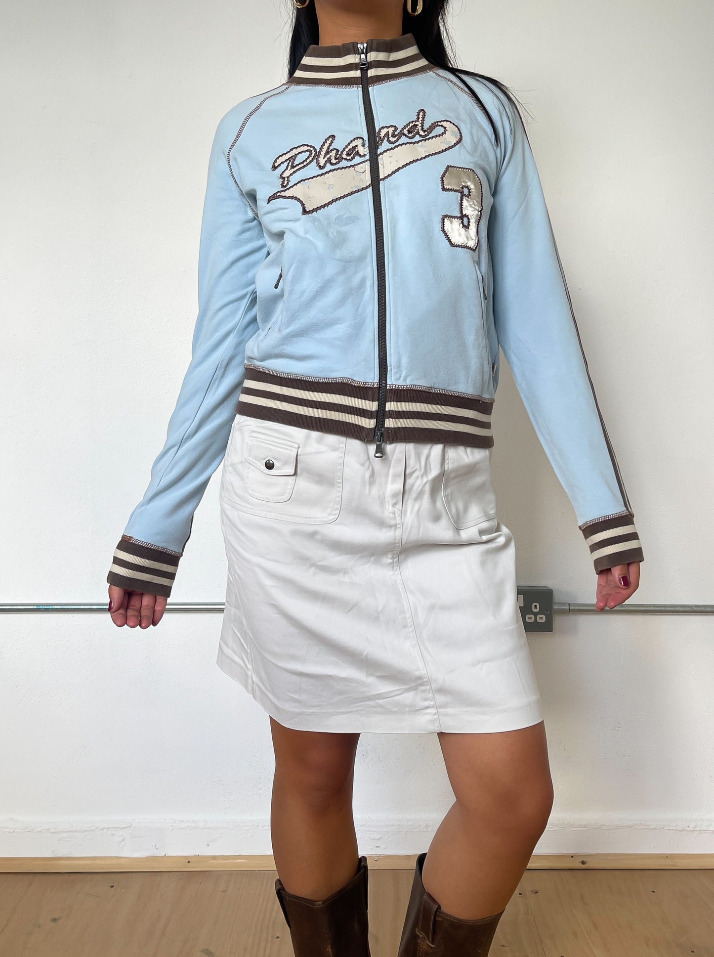 Vintage Baby Blue and Brown Zip Up Jumper