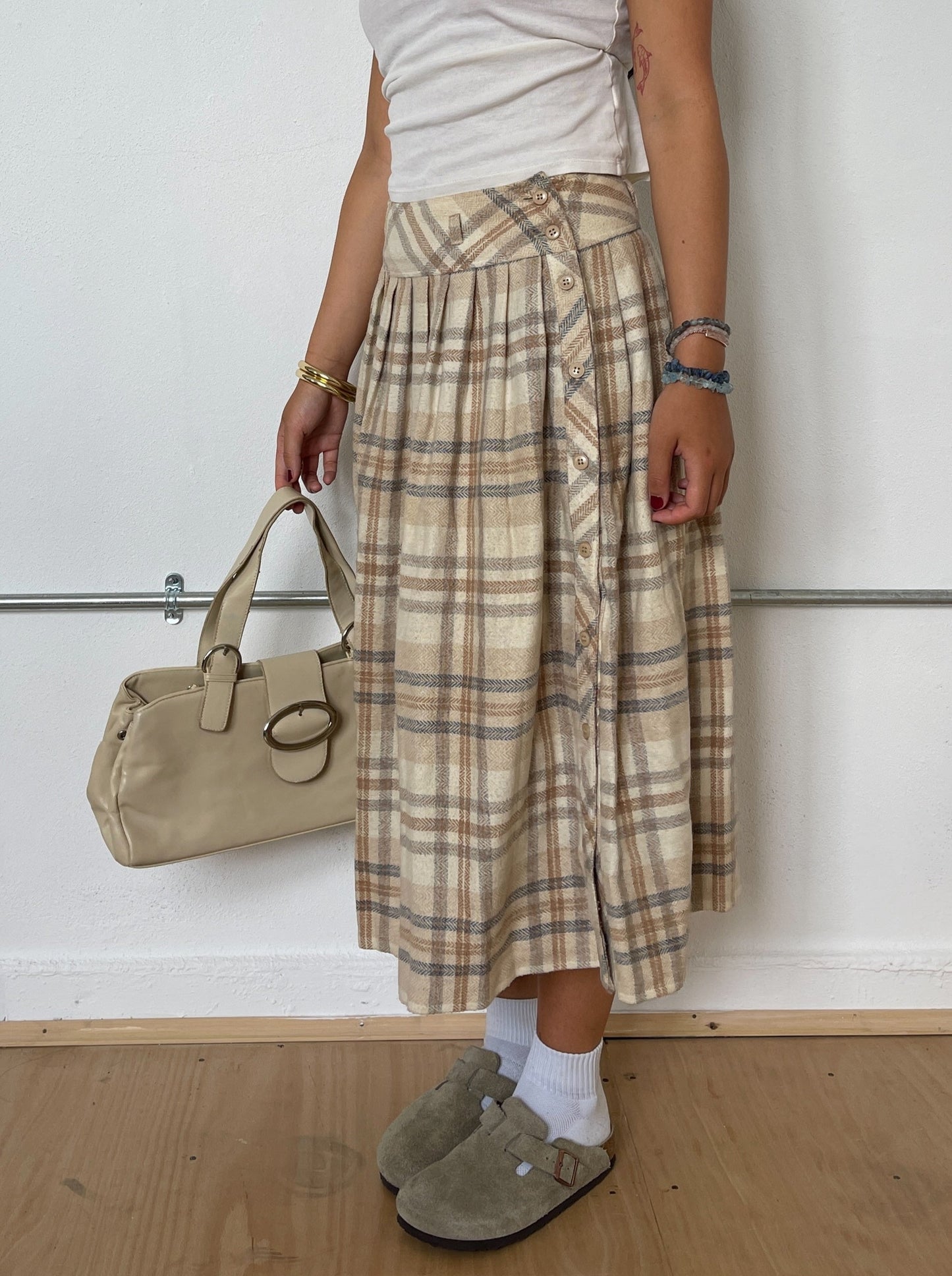 Vintage Beige Plaid Maxi Skirt