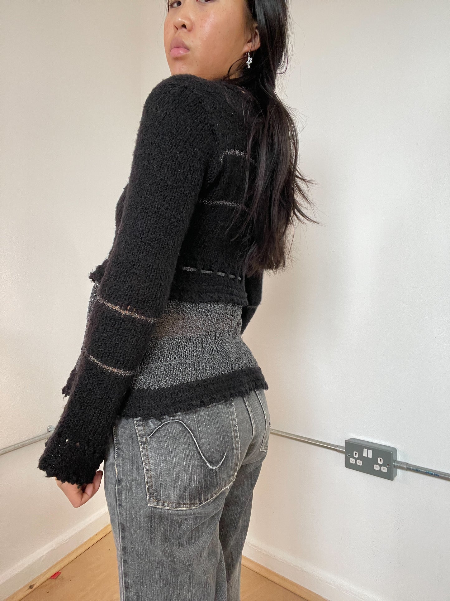 Black and Grey Knit Cardigan Top