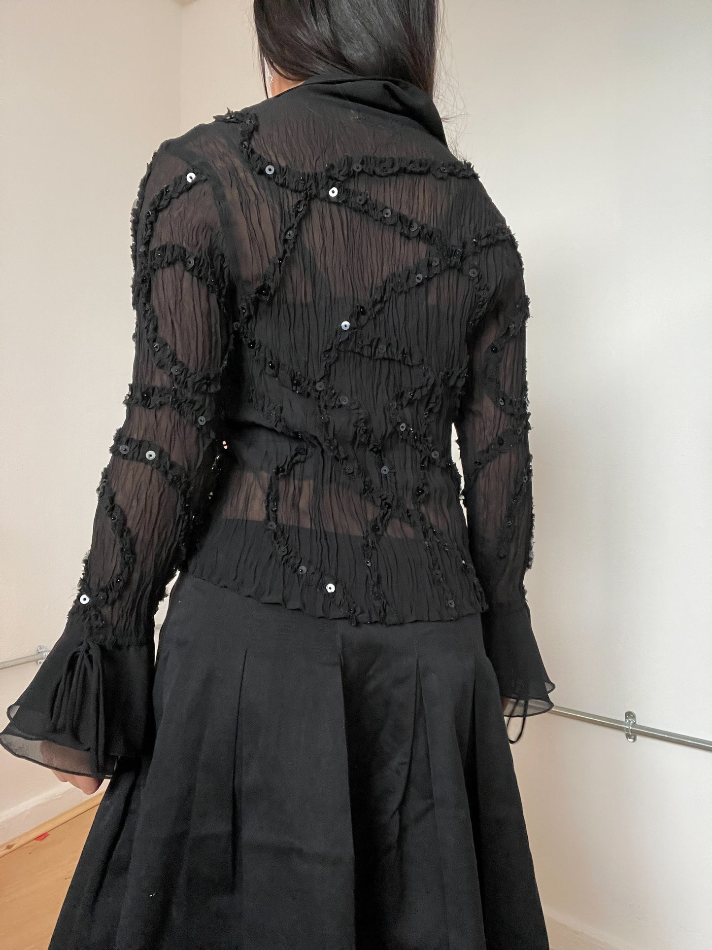 Black sheer frill bolero top with sequins