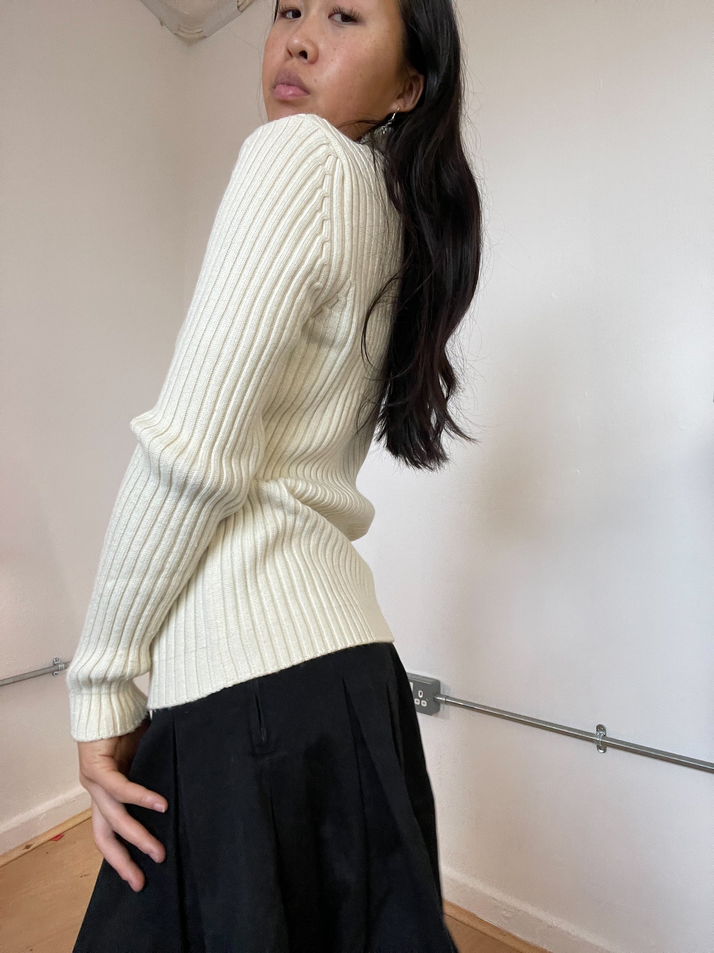 Cream beige zip up knit ribbed jumper