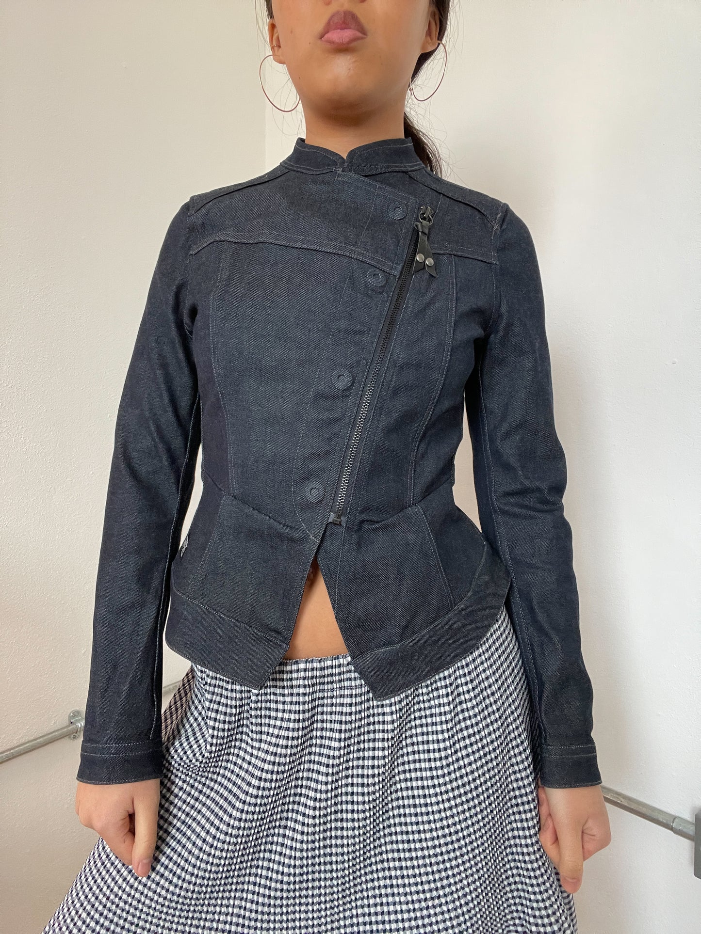Denim asymmetric utility jacket