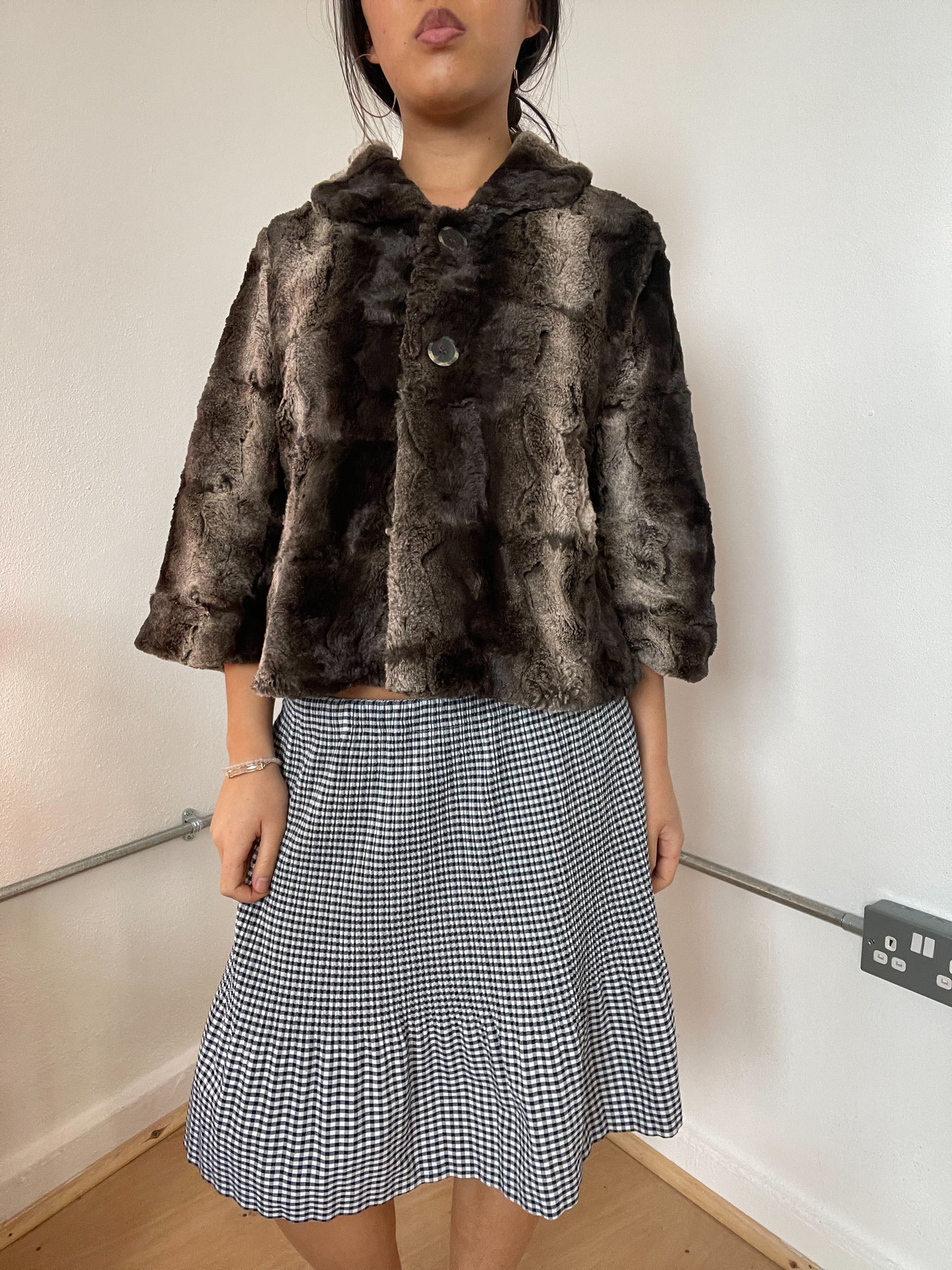 Faux fur collared button up jacket