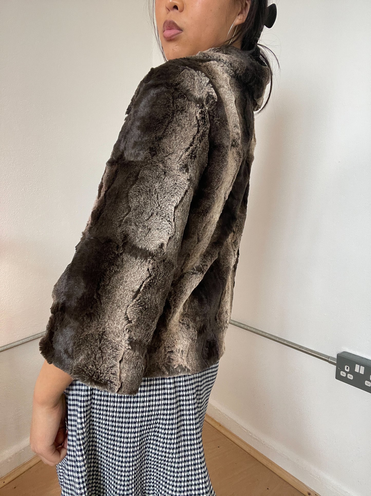 Faux fur collared button up jacket
