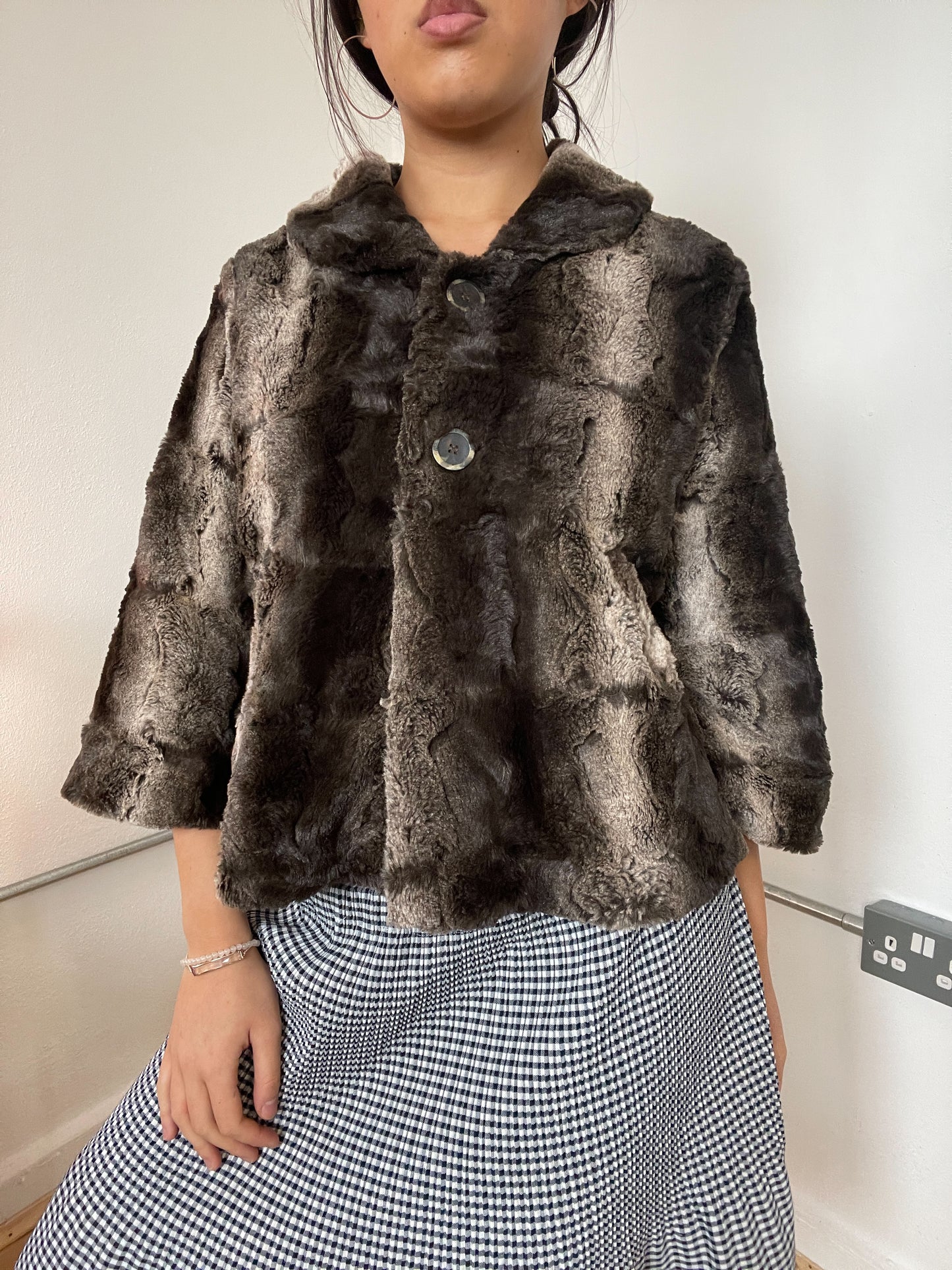 Faux fur collared button up jacket