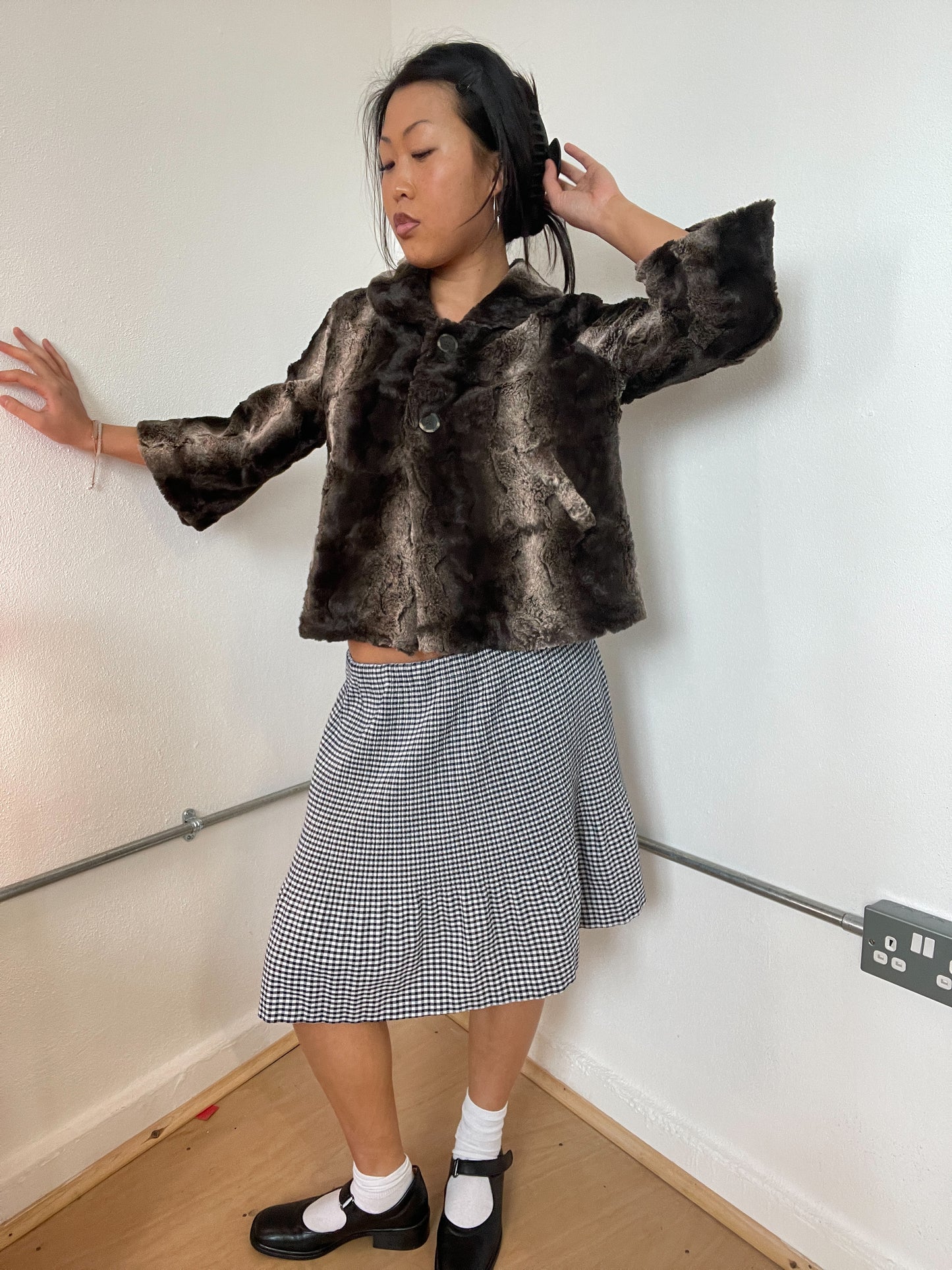 Faux fur collared button up jacket