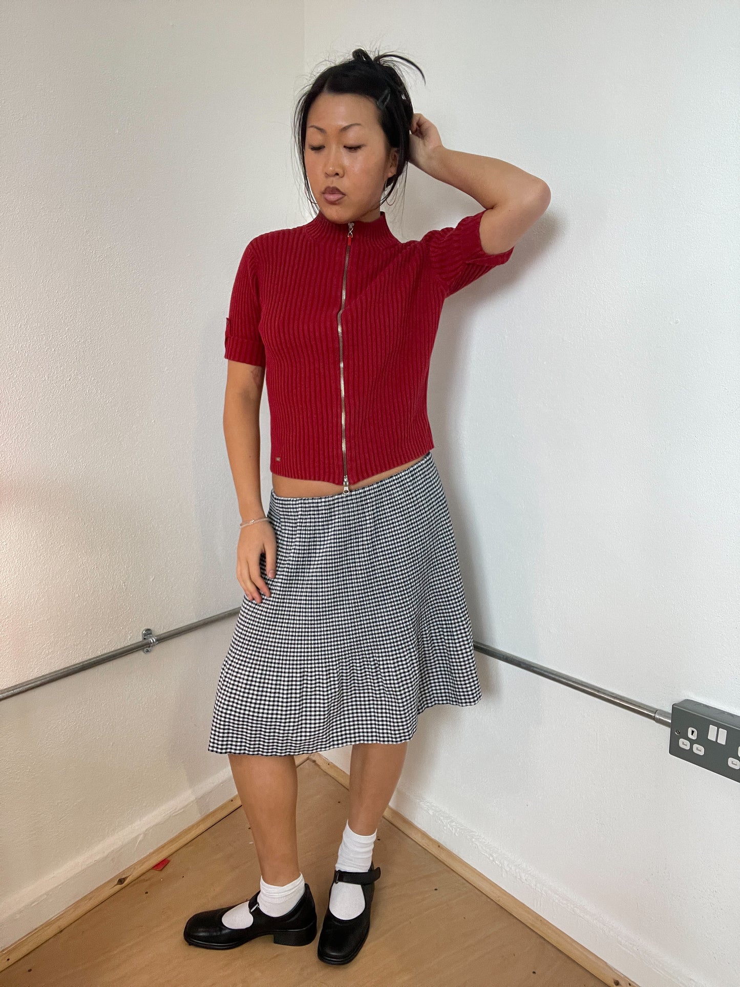 Red ribbed double-zip jumper top