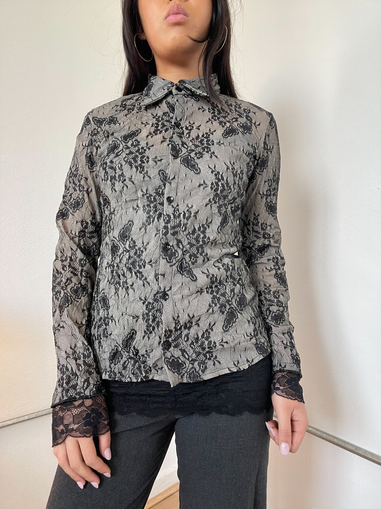Silver And Black Contrast Lace Long Sleeve Shirt and Top set