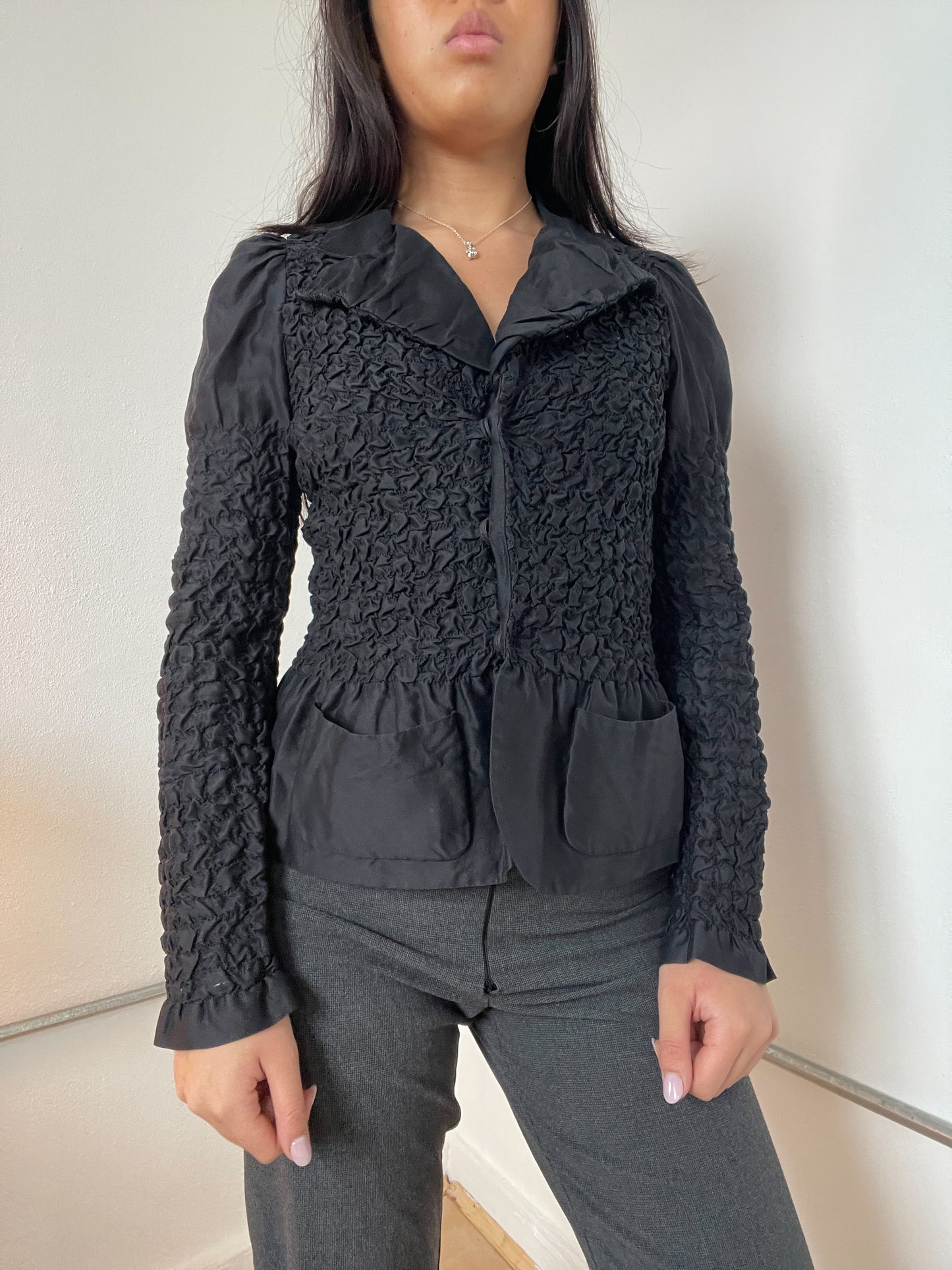 Black Quilted Long Sleeve Collared Shirt