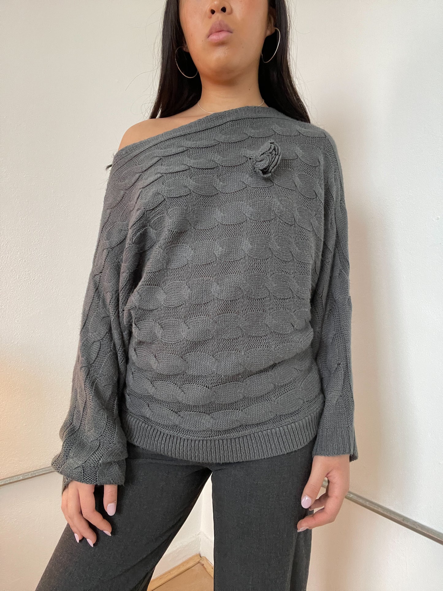 Grey Knitted Off The Shoulder Long Sleeve Jumper