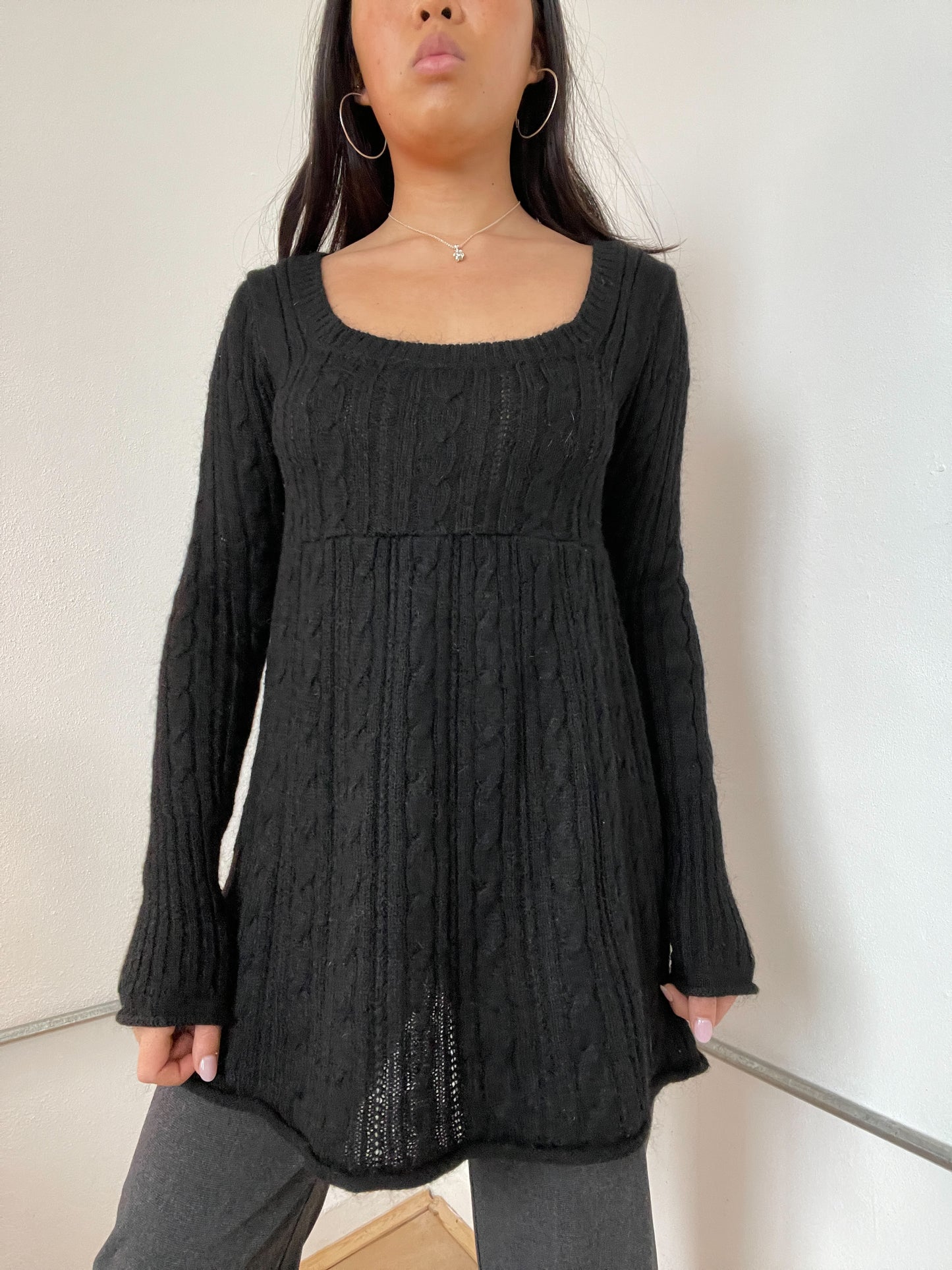Black Knitted Long Sleeve A-Line Dress