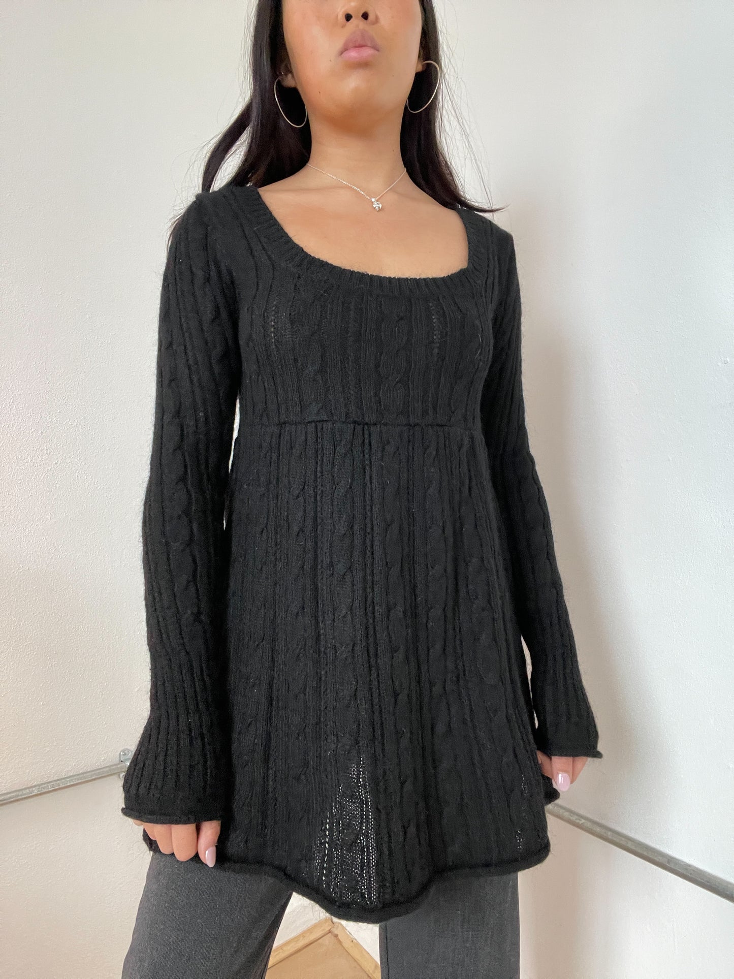 Black Knitted Long Sleeve A-Line Dress