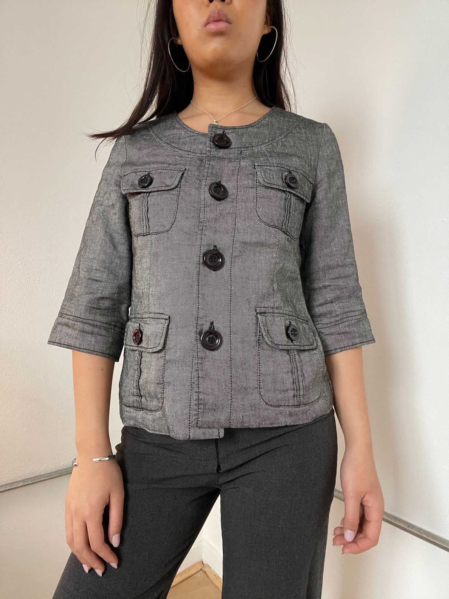 Grey Asymmetric Button Utility Shirt Jacket