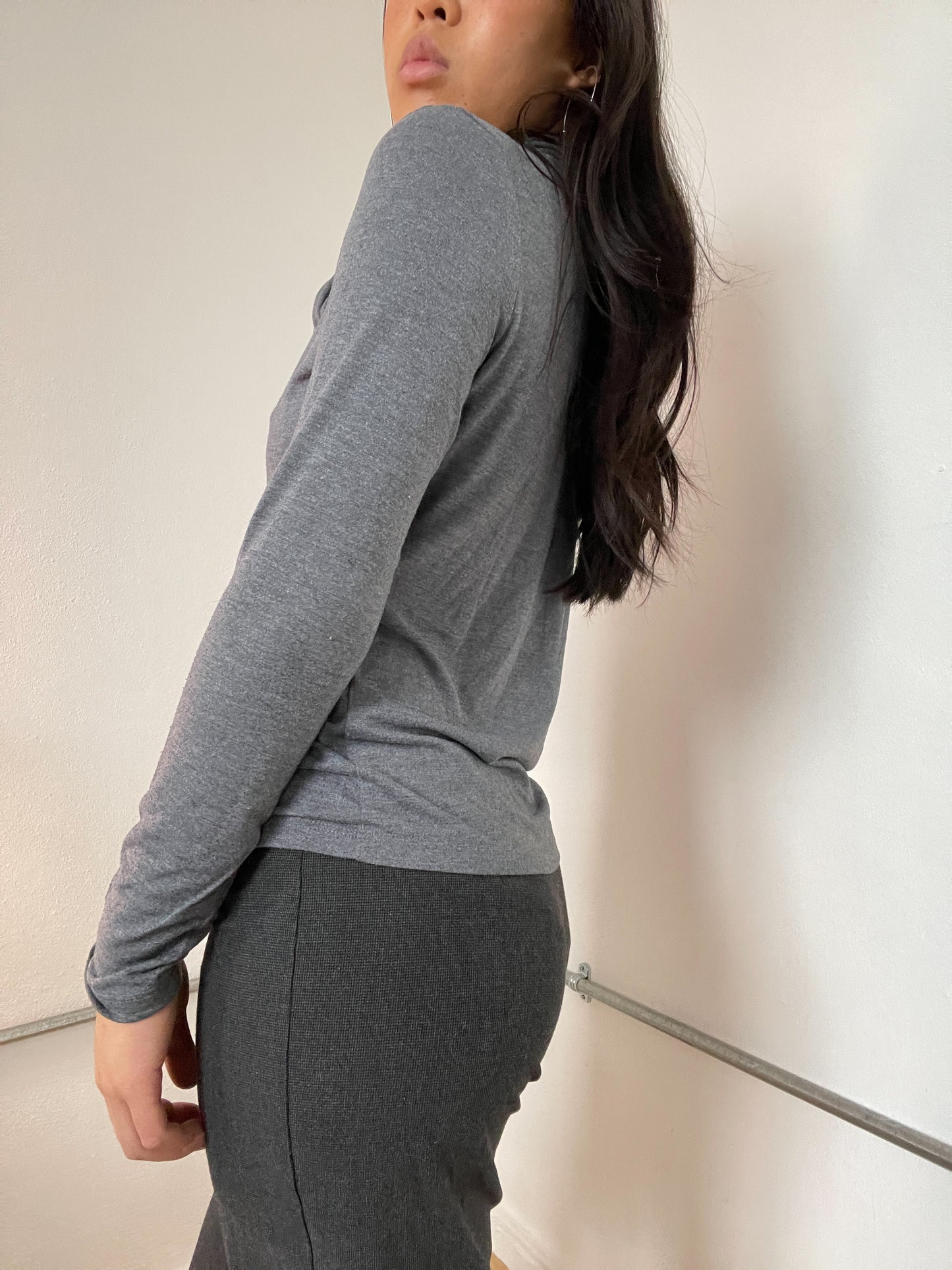 Grey Tie Collar Long Sleeve Top