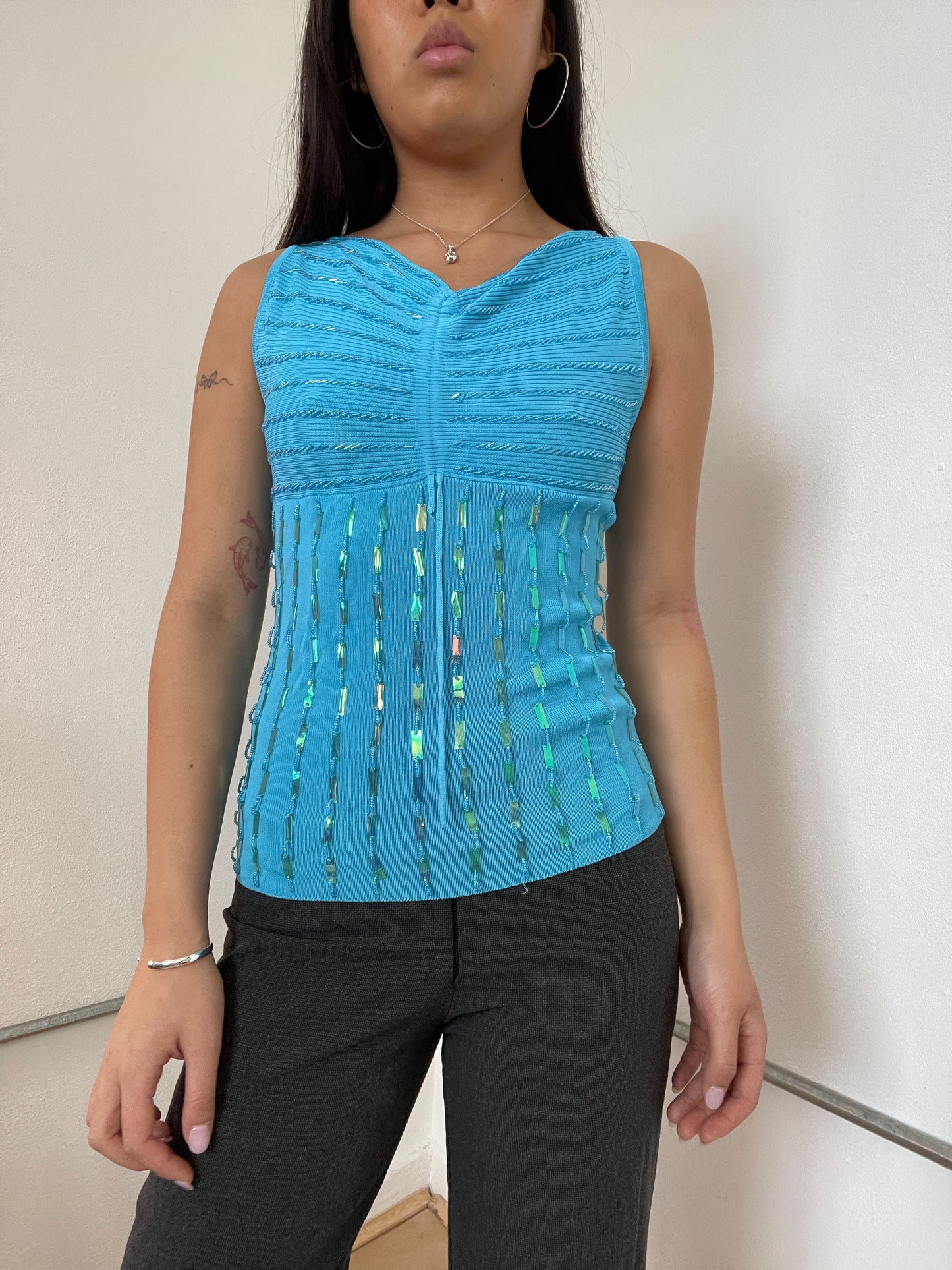 Blue Textured Sequin Top