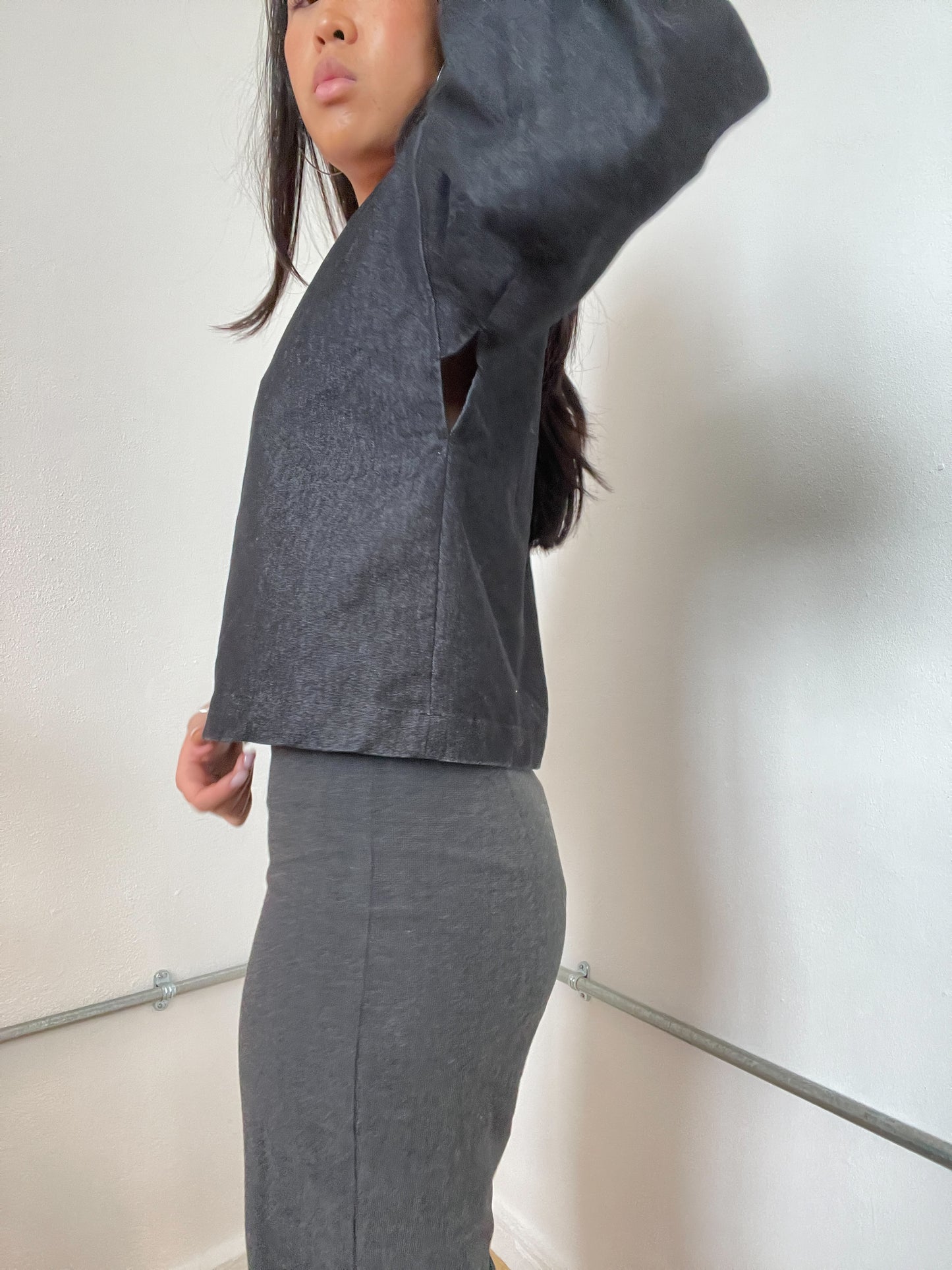 Black Denim Asymmetric Kimono Cop copine Top