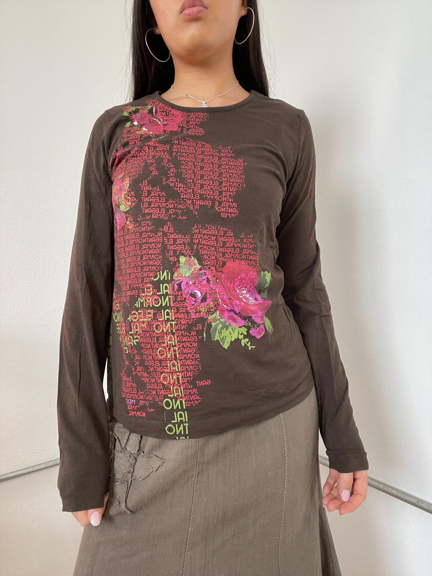Brown Long Sleeve Graphic Top