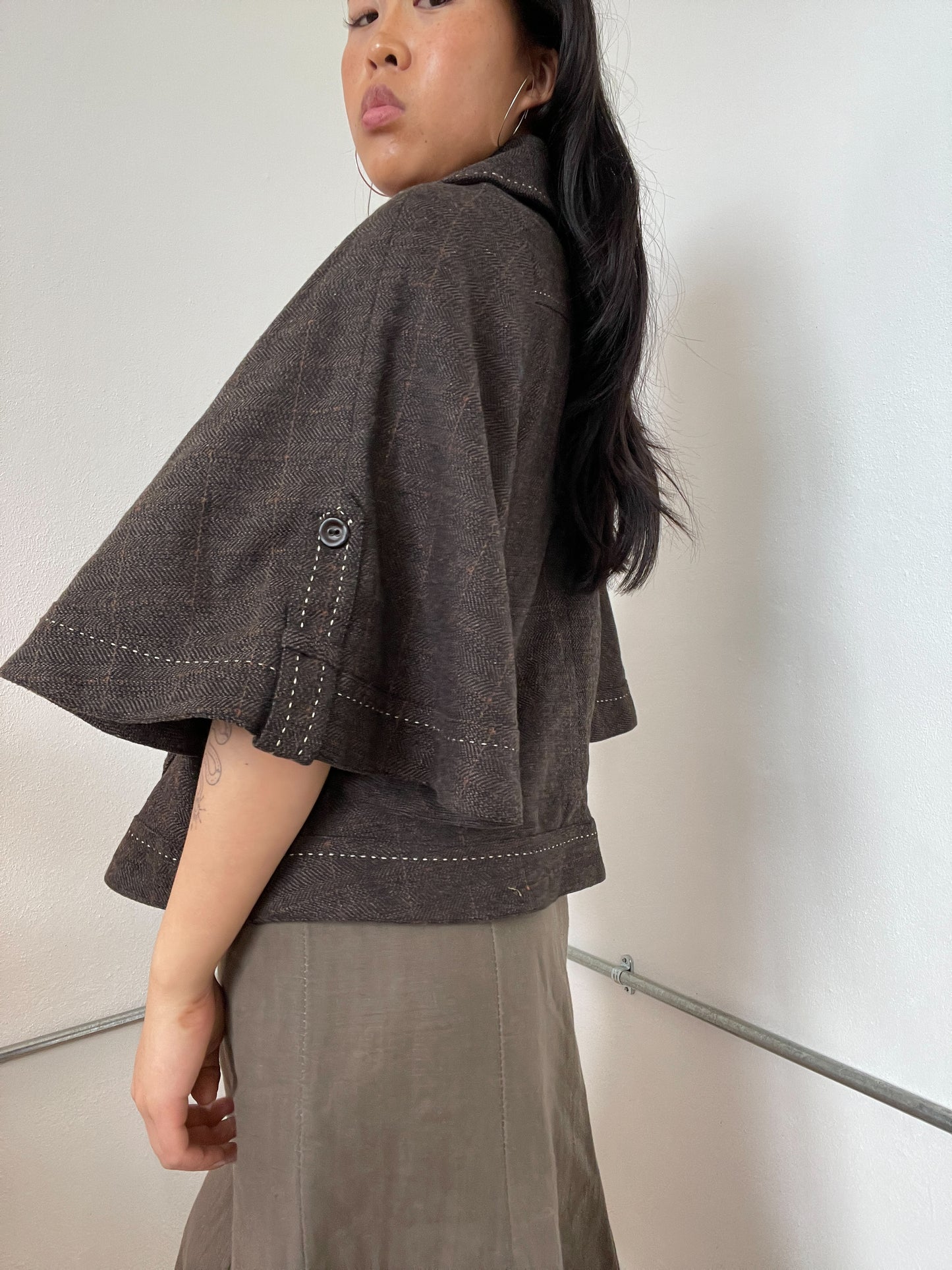 Brown Checkered Asymmetric A-Line Swing Jacket