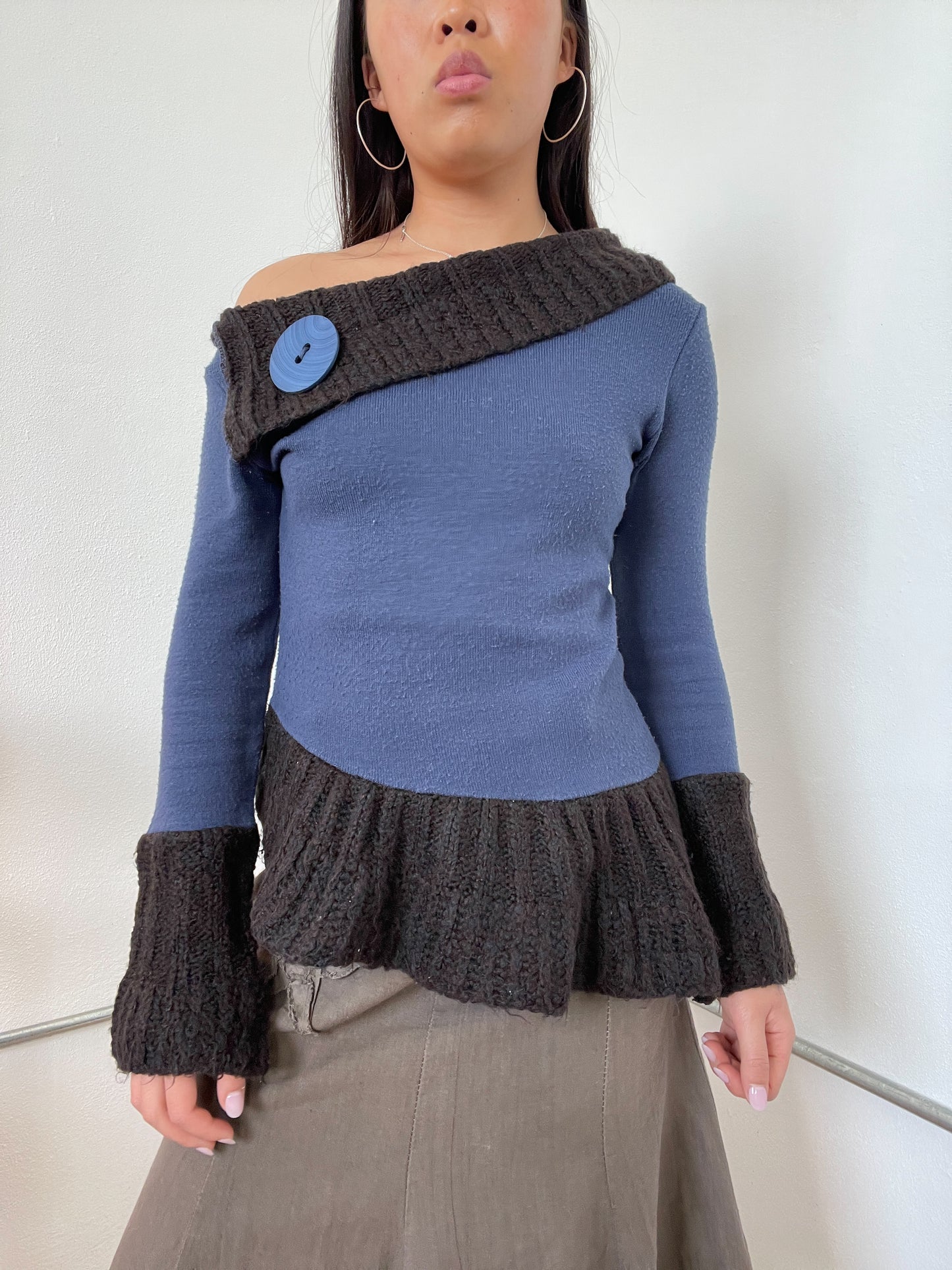 Two Toned One Shoulder Long Sleeve Knit jumper