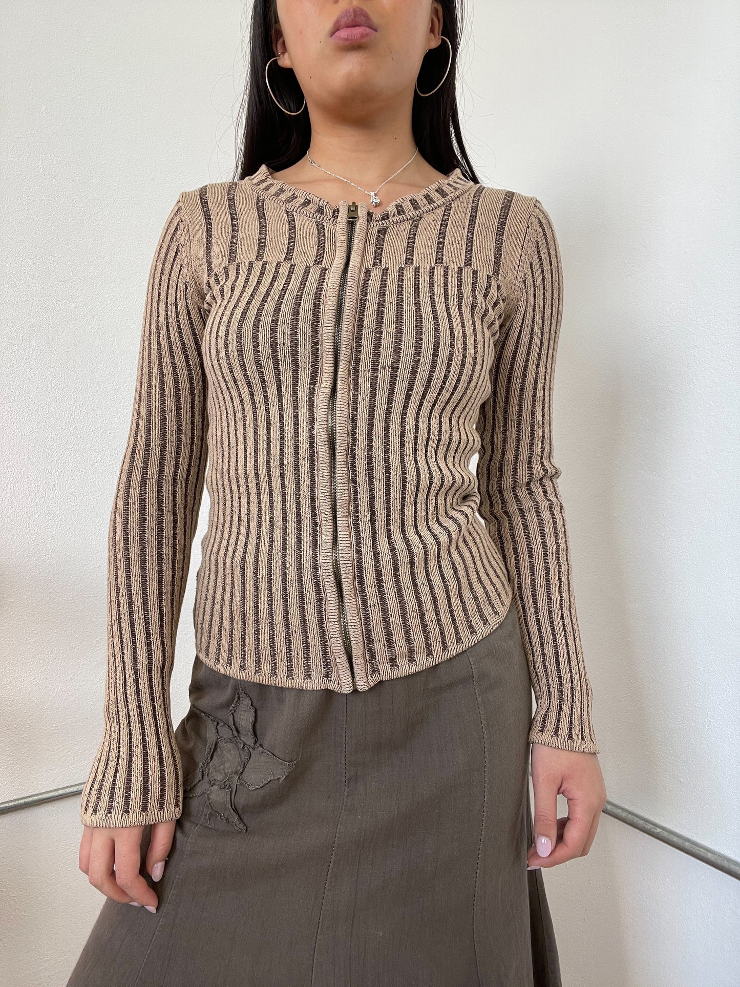 Brown Two-Toned Ribbed Zip Up Cardigan