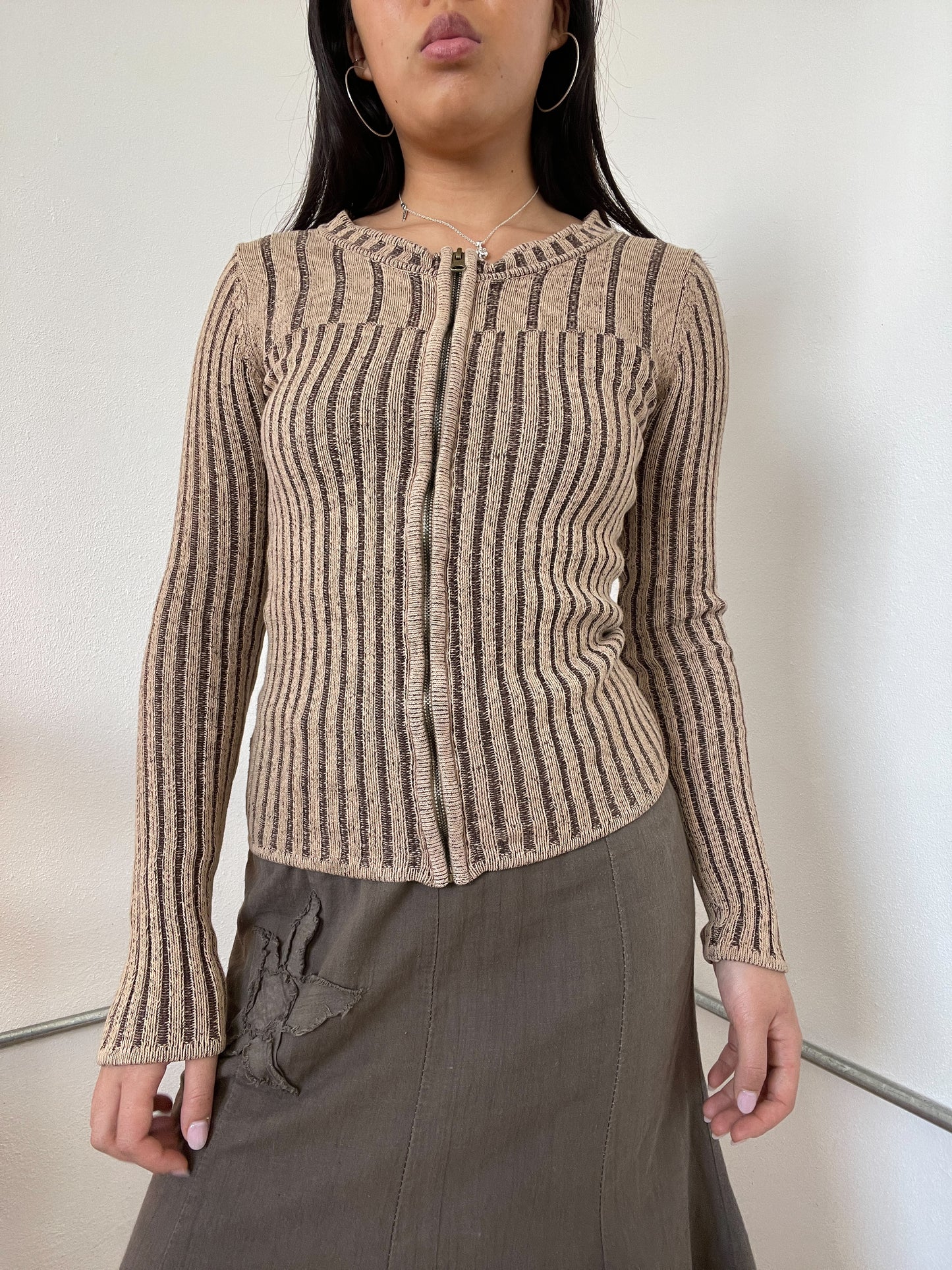 Brown Two-Toned Ribbed Zip Up Cardigan