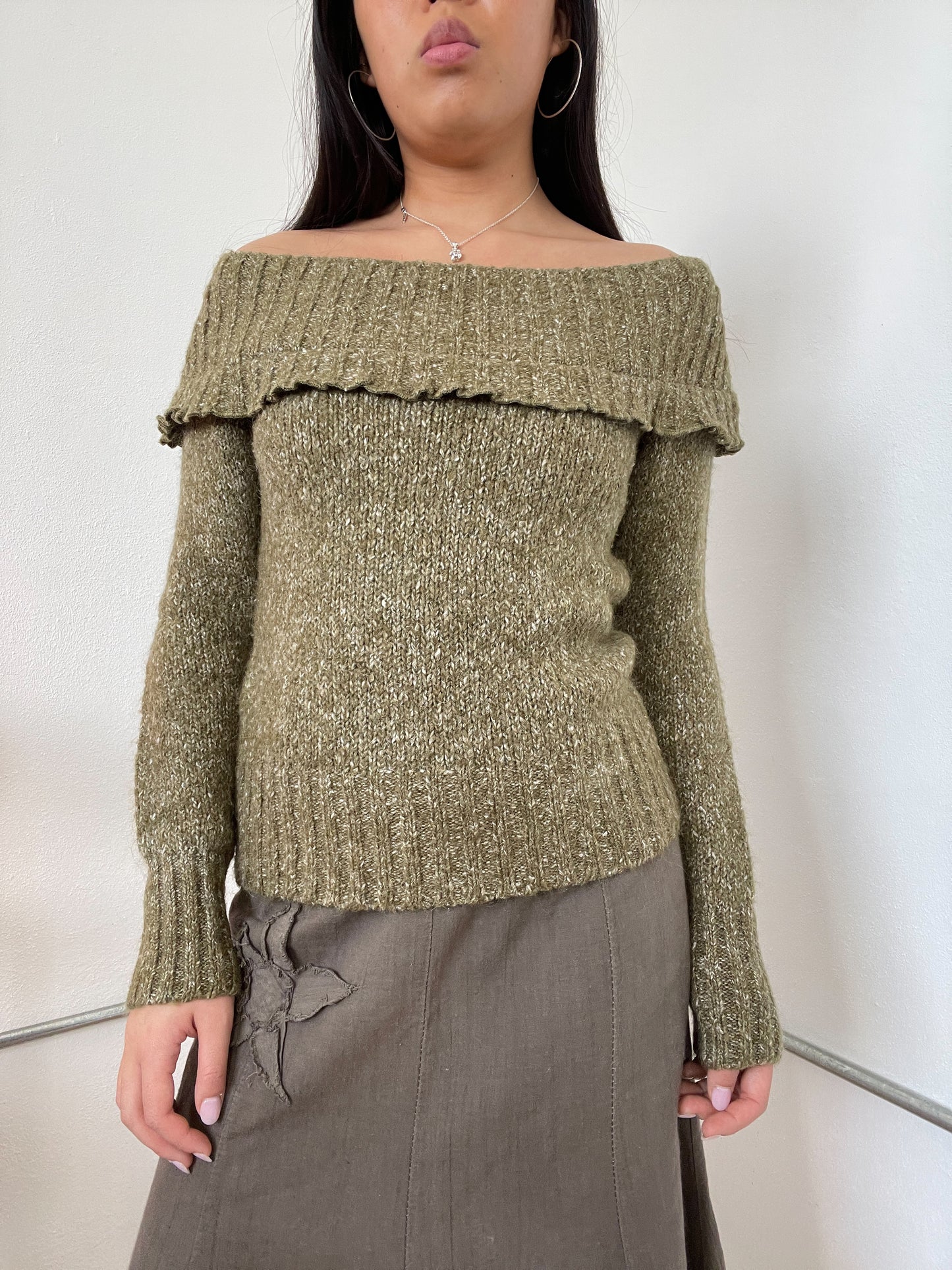 Green Knitted Off The Shoulder Long Sleeve