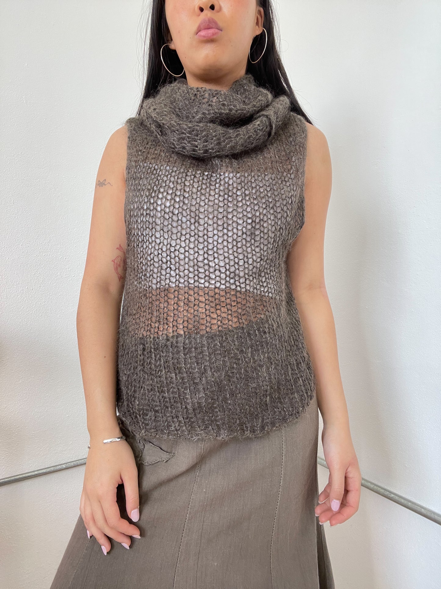 Sarah Pacini Brown Sheer Knitted Vest Top