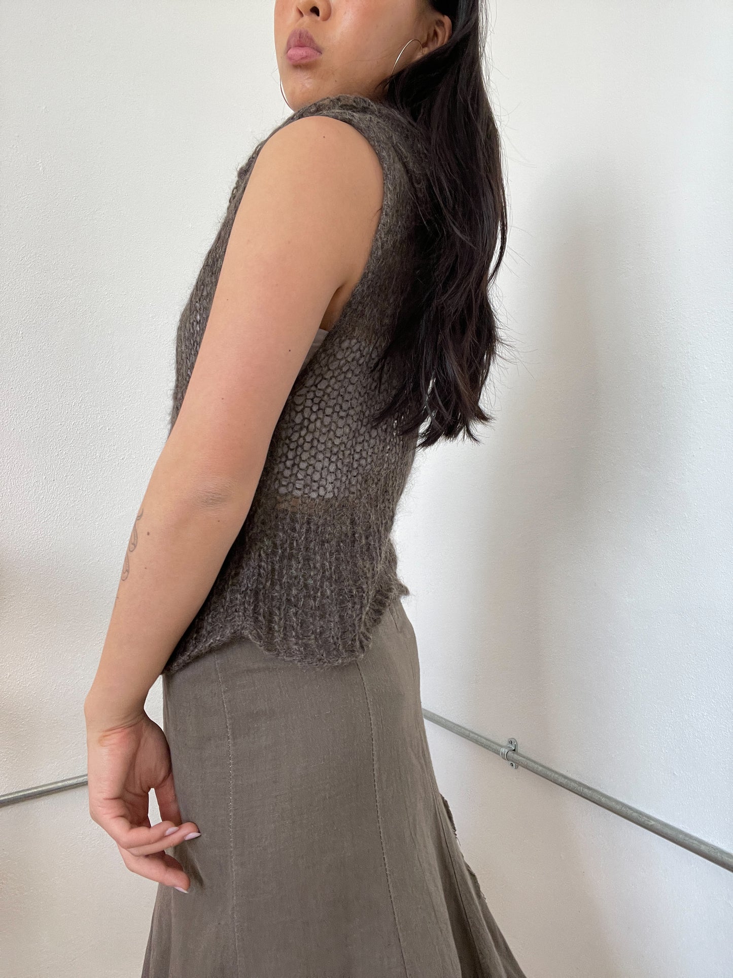 Sarah Pacini Brown Sheer Knitted Vest Top