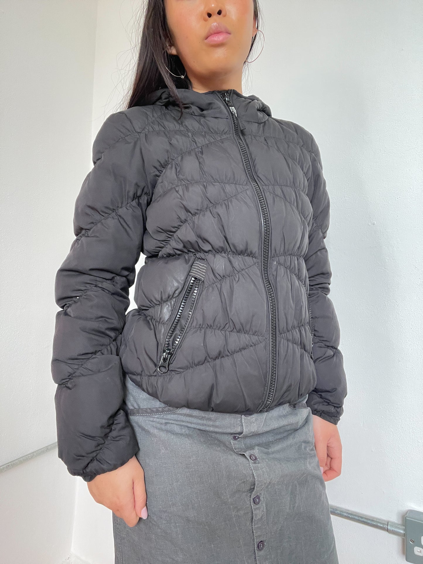 Black Ruched Hooded Puffer Jacket