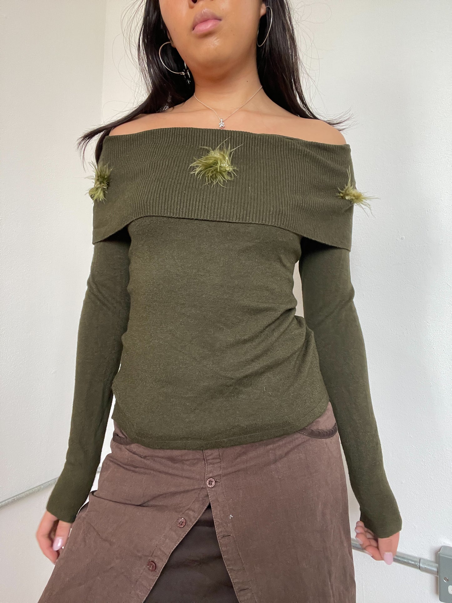 Khaki Knitted Long Sleeve Bardot jumper