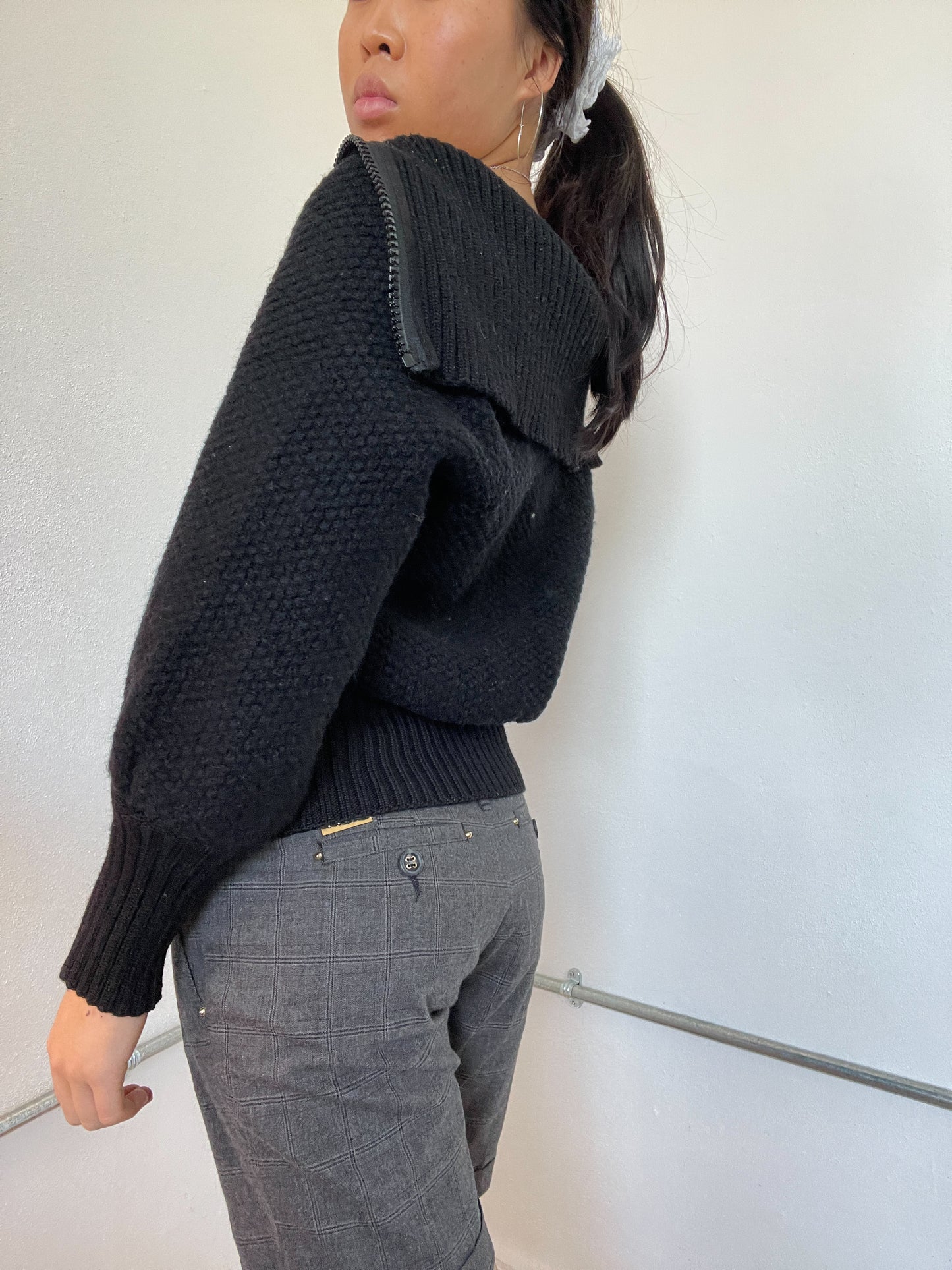 Black Textured Double Zip Cop Copine Knit Jumper