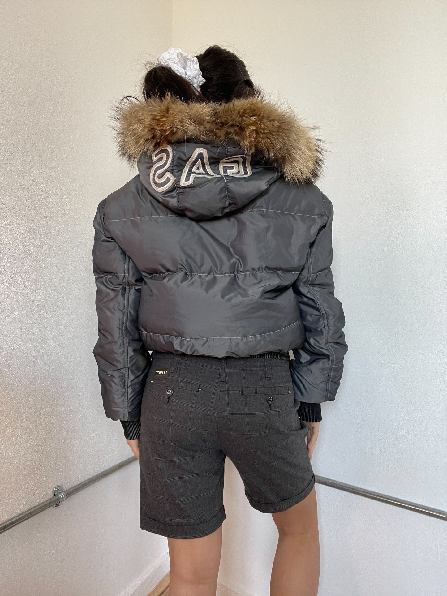 Grey Shiny Hooded Puffer Jacket
