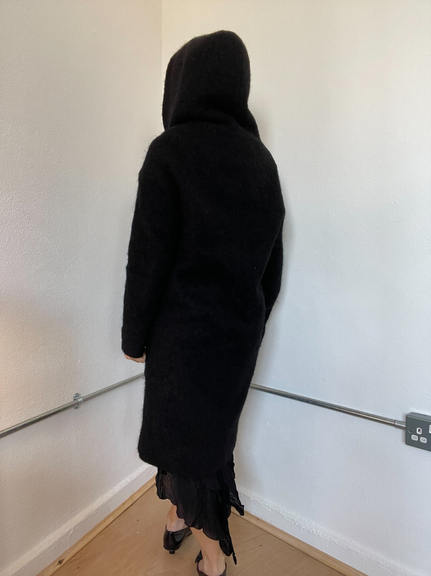 Black Hooded Wool Long Cop Copine Coat