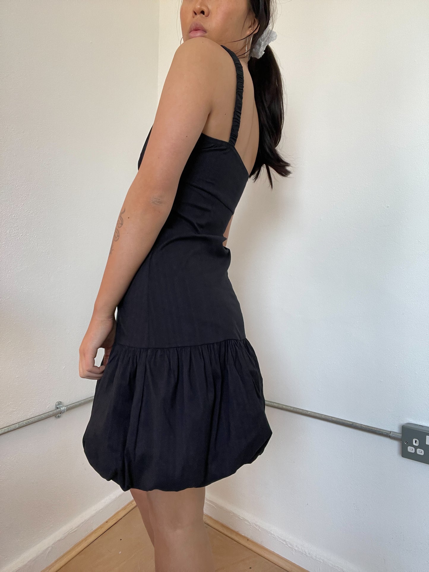 Black Pinstripe Bubble Midi Dress