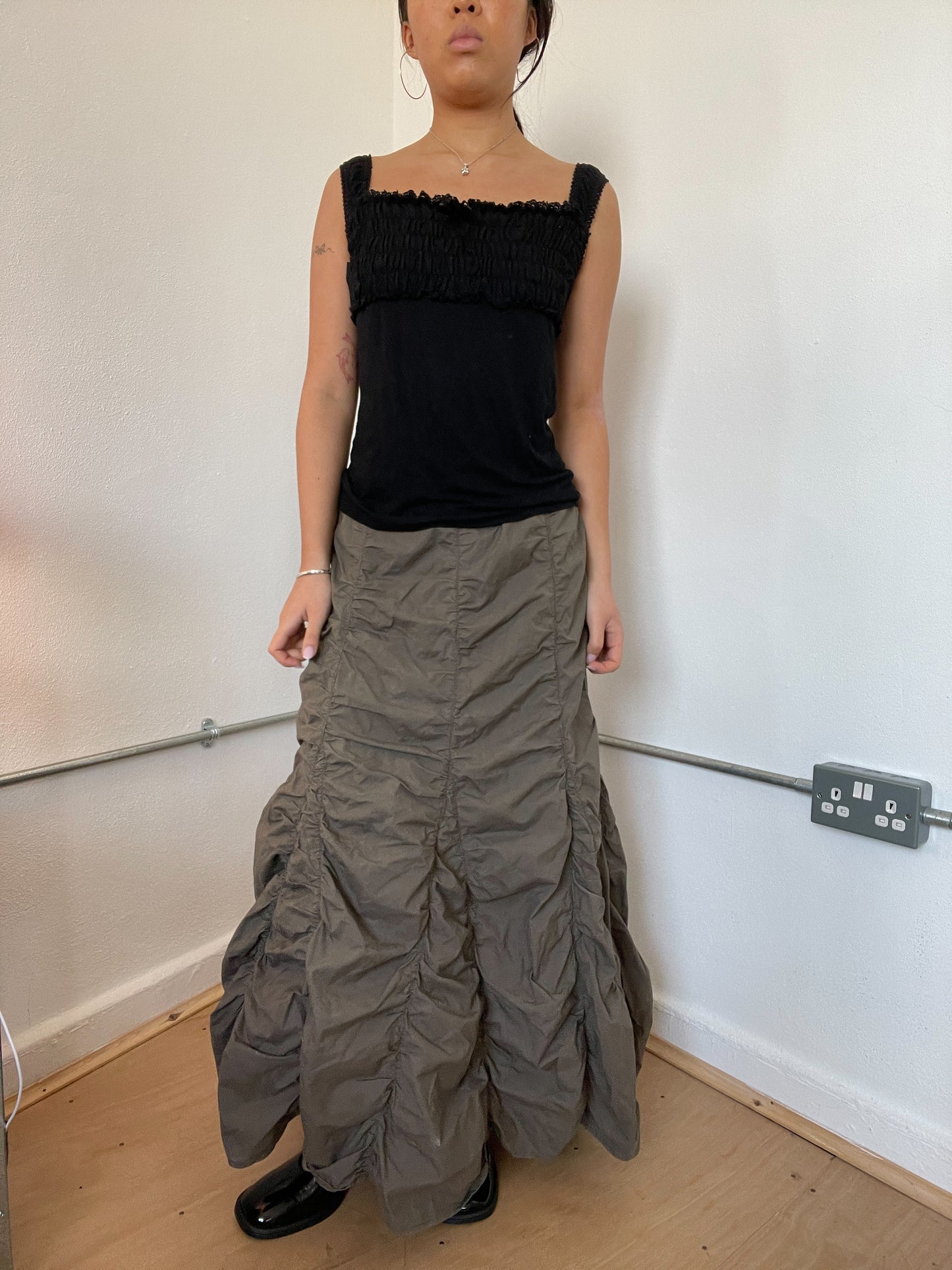 Khaki Green Ruched Textured Maxi Skirt