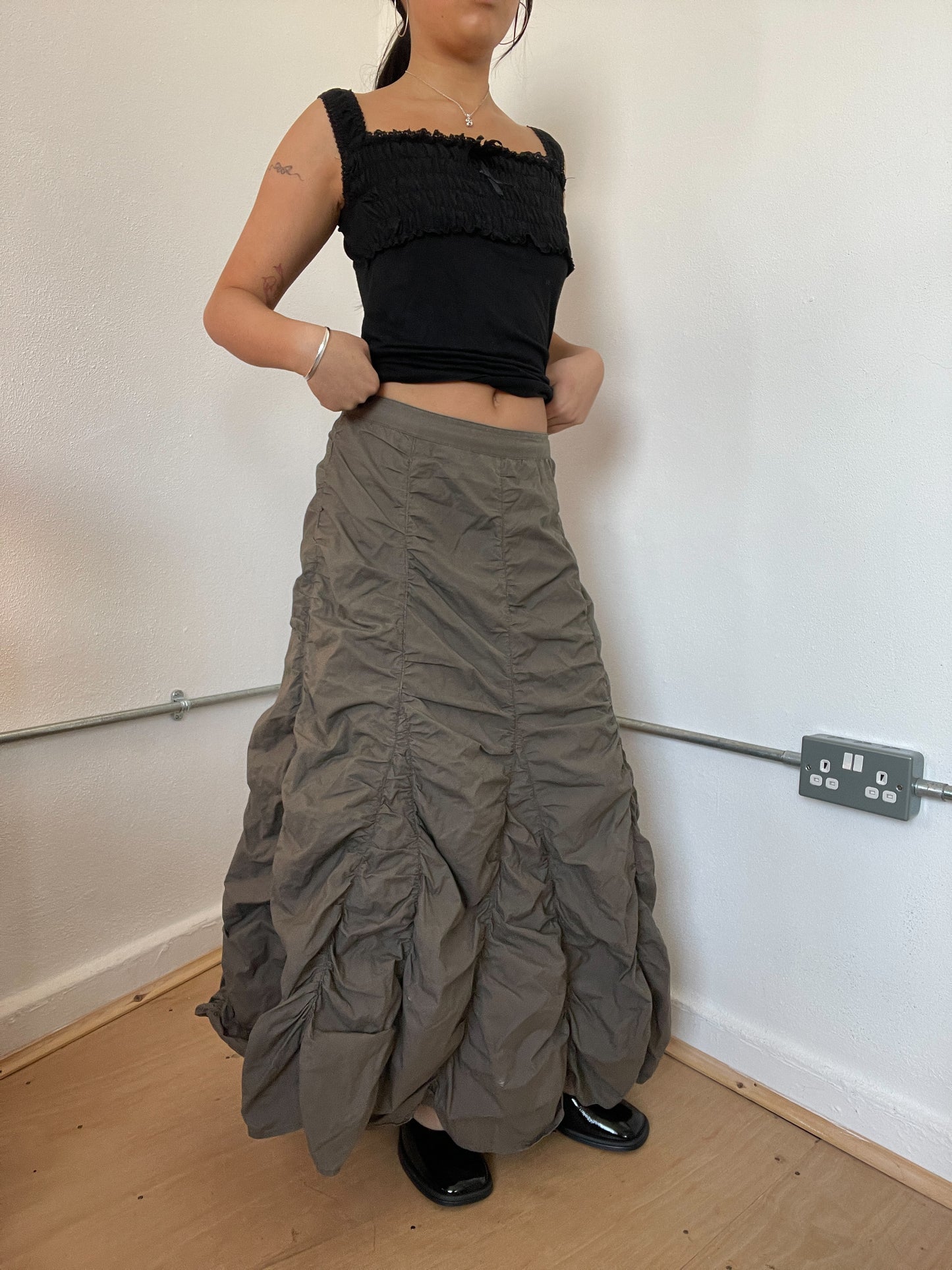 Khaki Green Ruched Textured Maxi Skirt