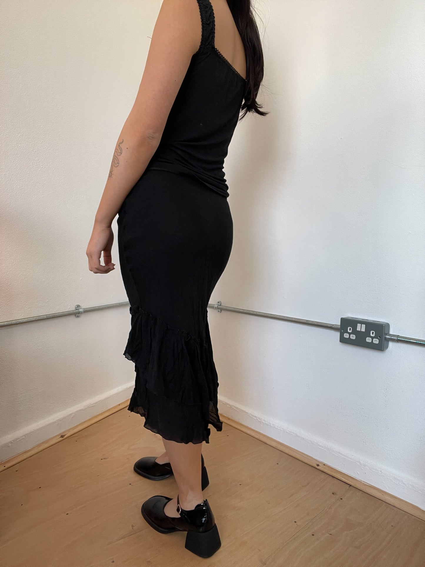 Black Asymmetric Layered Midi Skirt