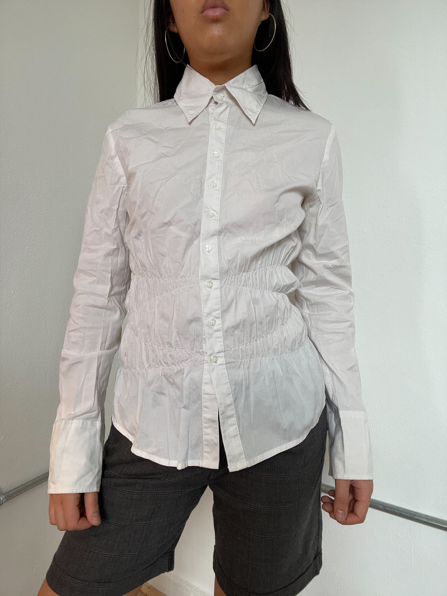 White Ruched Collared Shirt