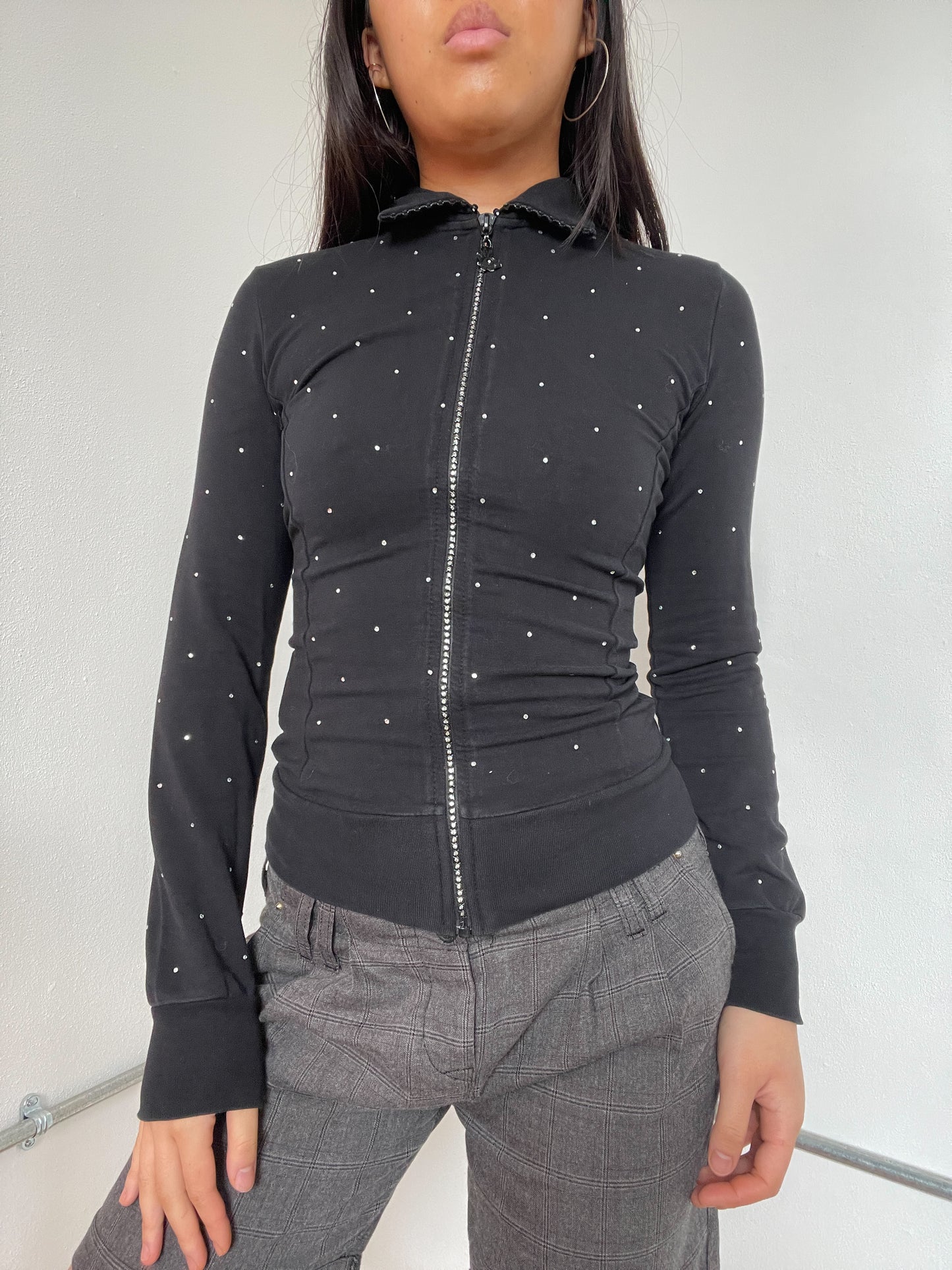 Black Collared Patterned Long Sleeve