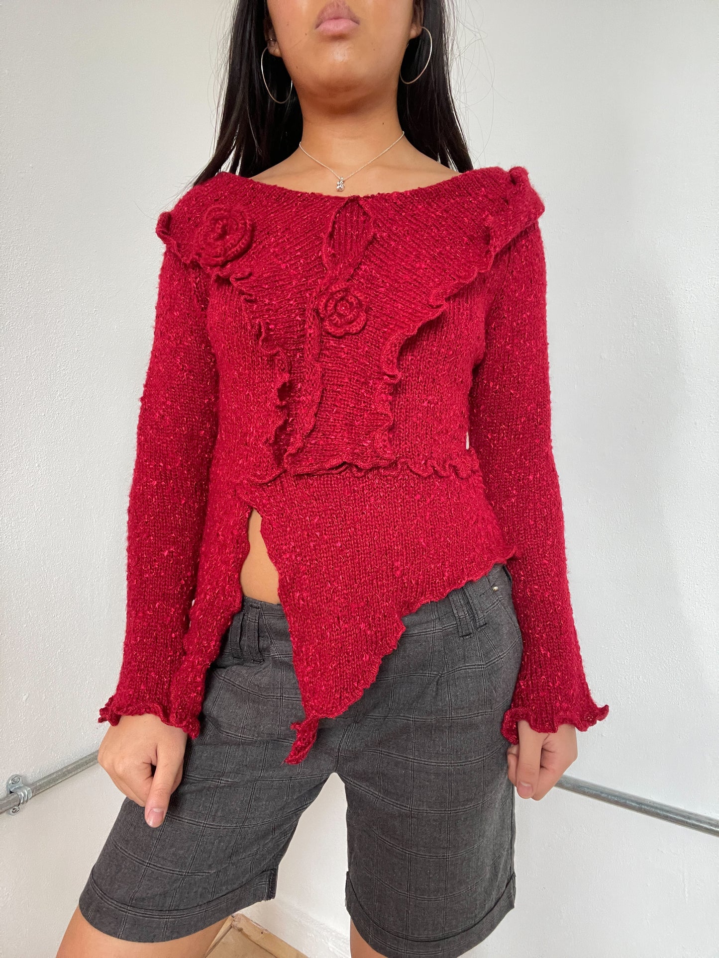 Red Floral Asymmetric Long Sleeve knit jumper