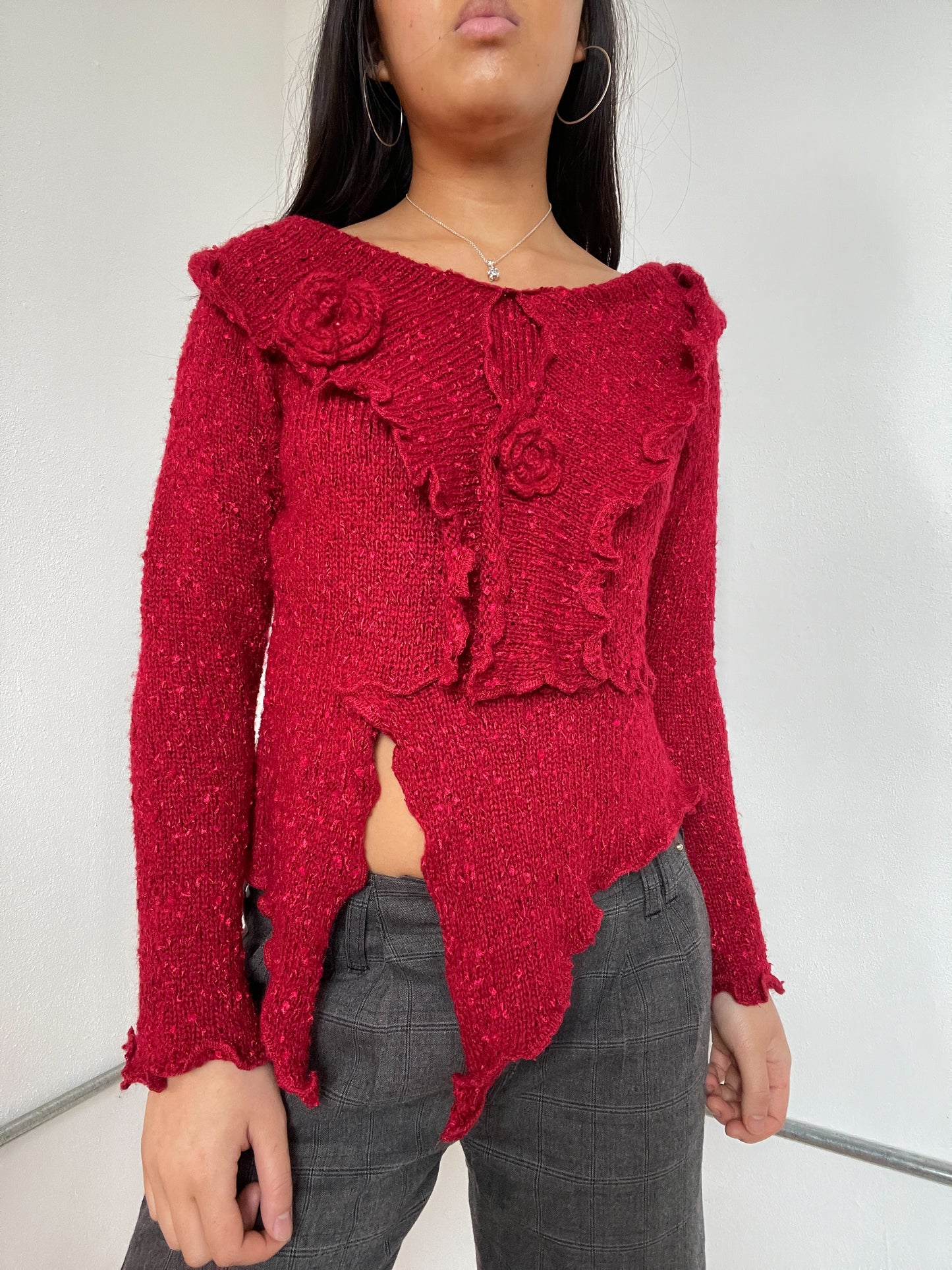Red Floral Asymmetric Long Sleeve knit jumper
