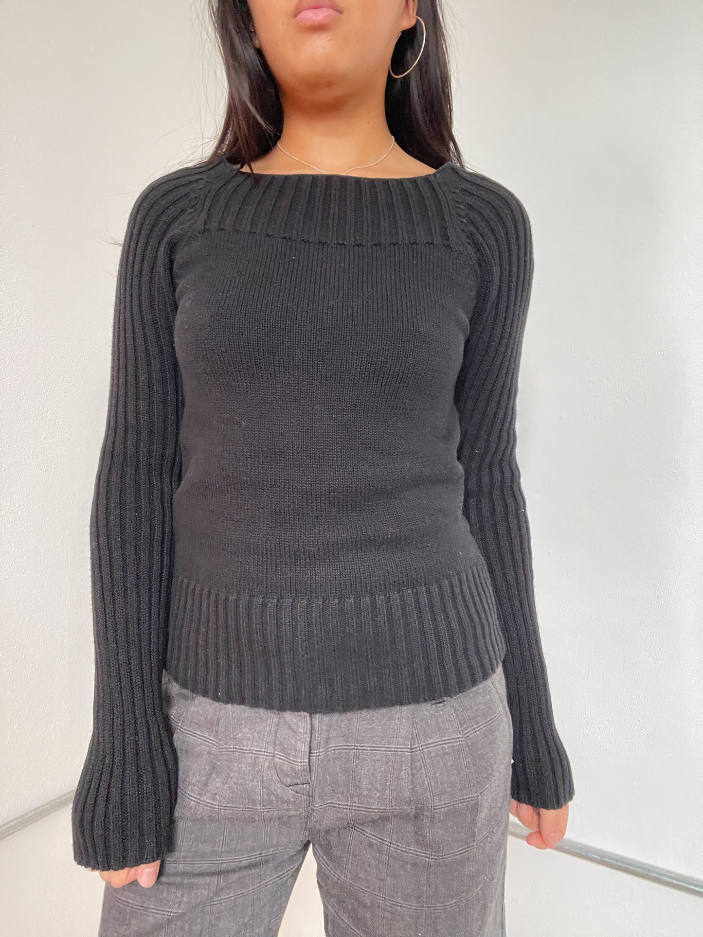 Black Ribbed Knit Long Sleeve Top