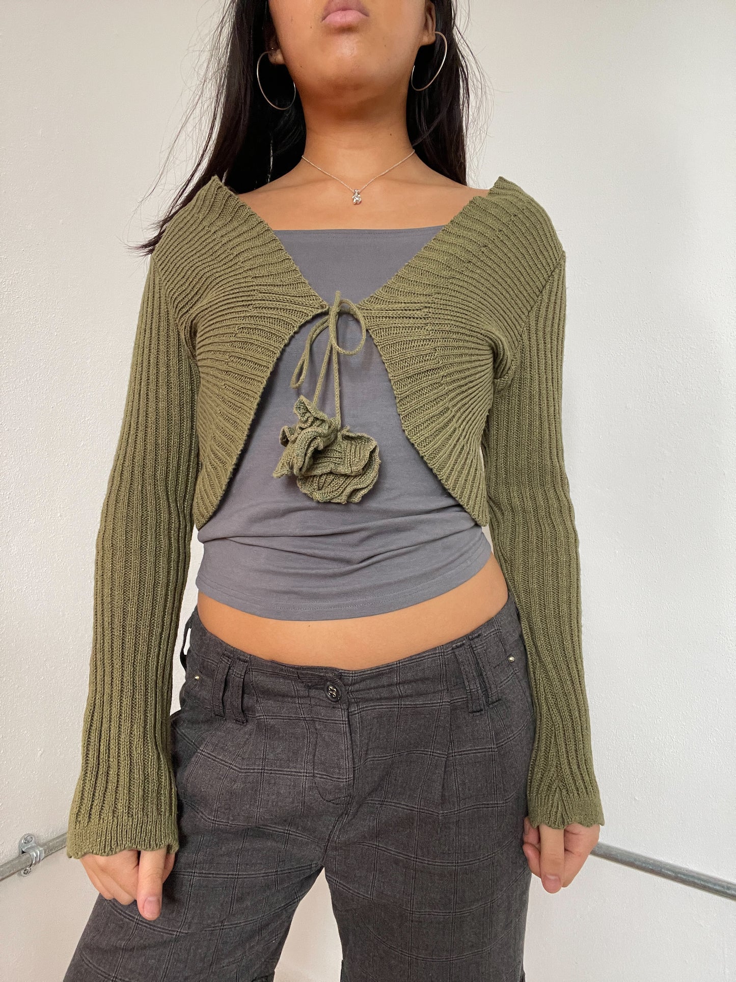 Khaki Ribbed knit Tie Up Cardigan