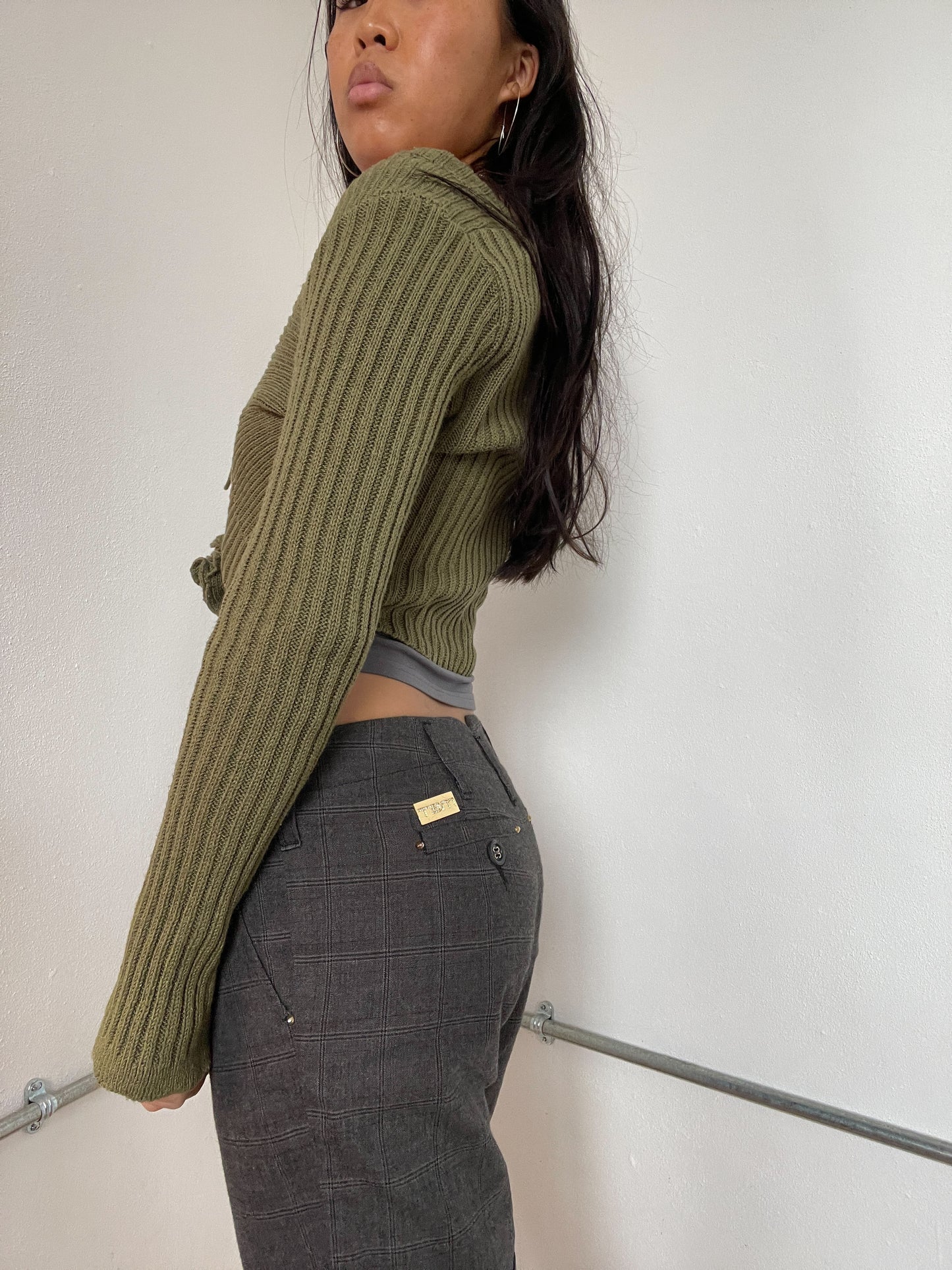 Khaki Ribbed knit Tie Up Cardigan