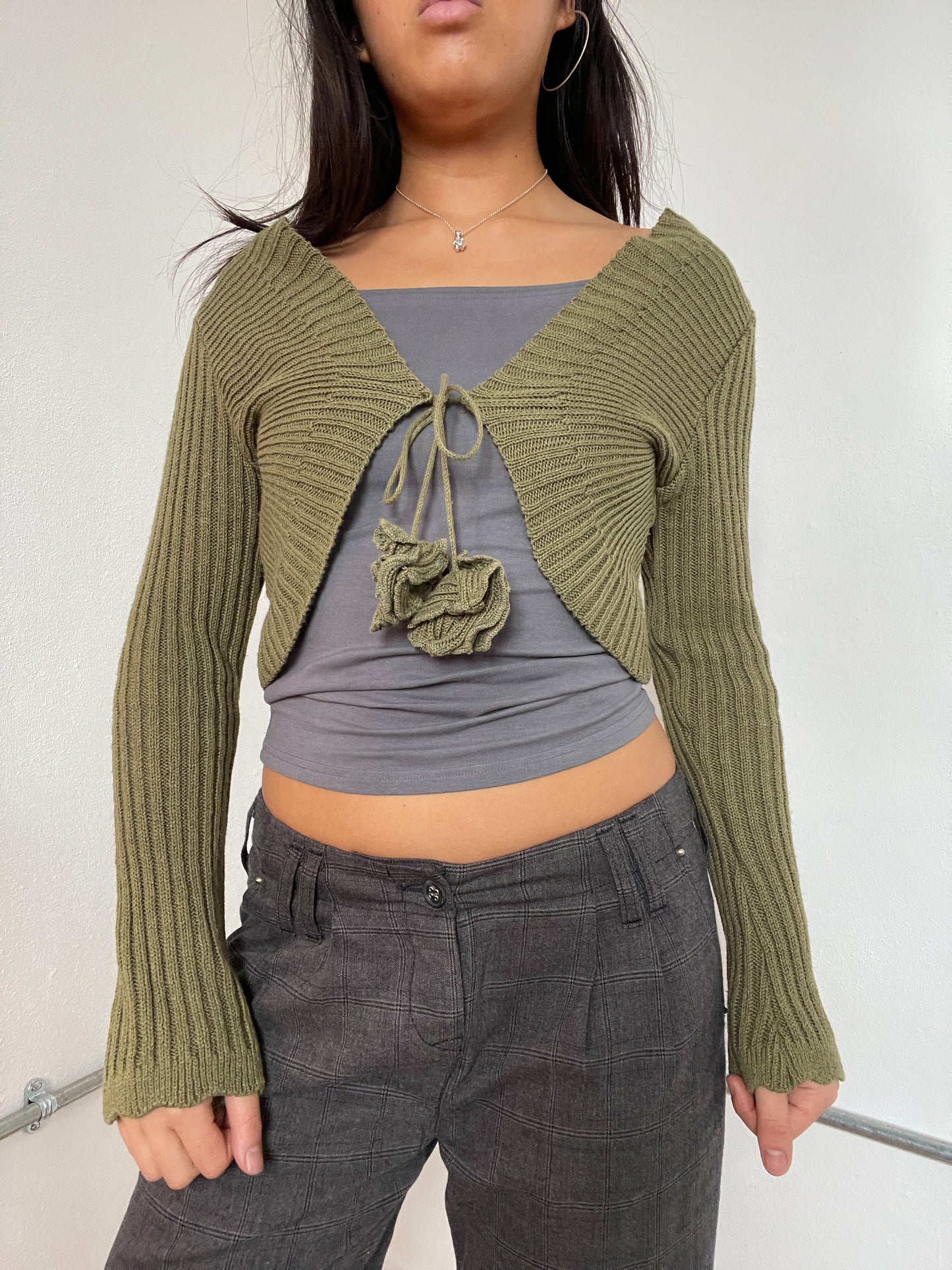 Khaki Ribbed knit Tie Up Cardigan