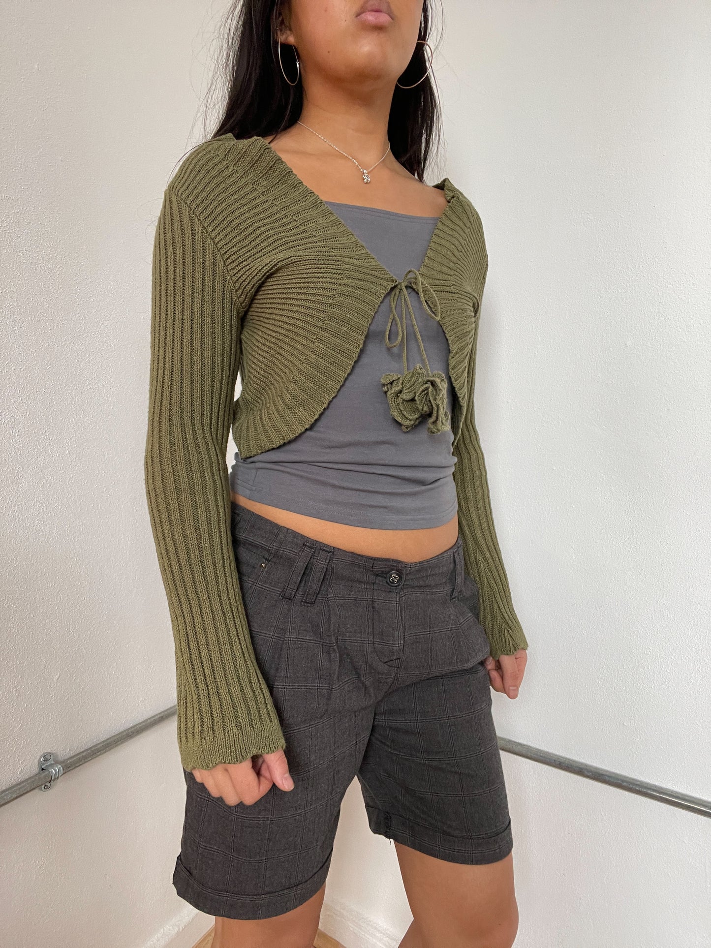 Khaki Ribbed knit Tie Up Cardigan