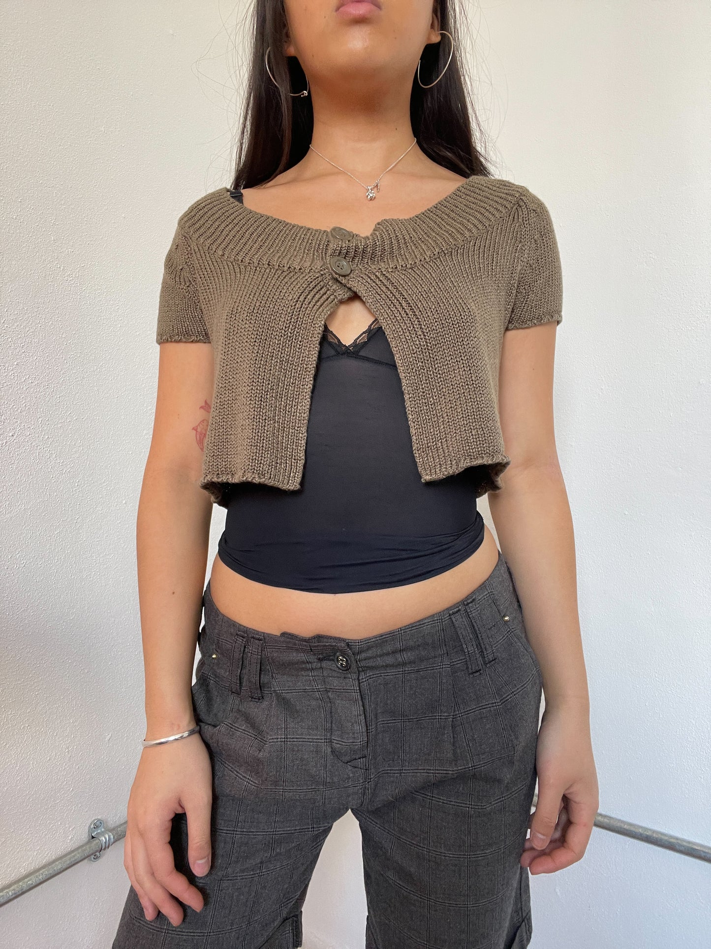 Brown Knitted Button Up Swing Top