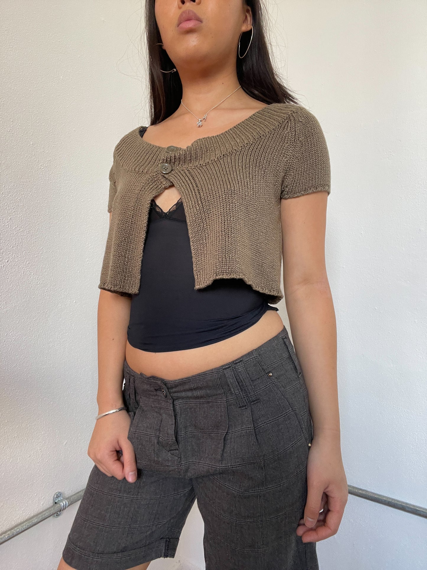 Brown Knitted Button Up Swing Top
