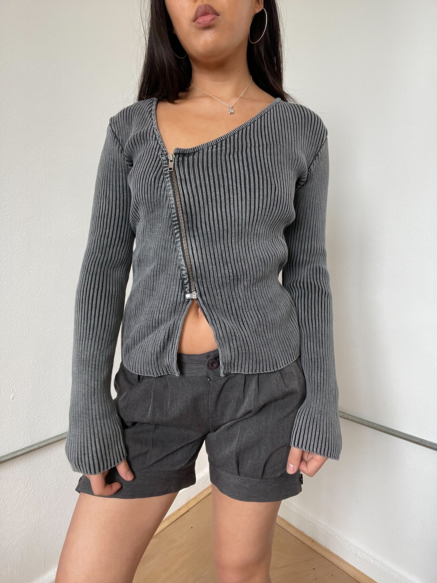 Grey Ribbed Asymmetric knit jumper